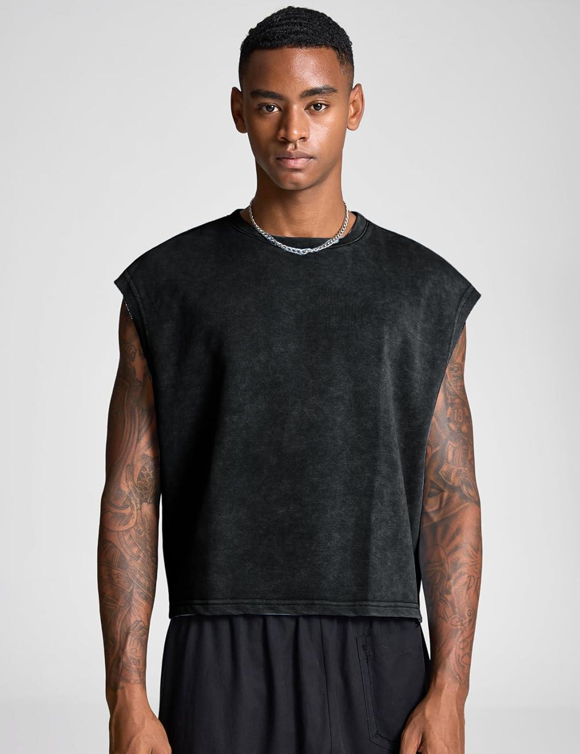 Arssm Men’s Crop T Shirts Acid Wash Tank Top Dolman Sleeve Vintage Crewneck Loose Pullover Top(Black)