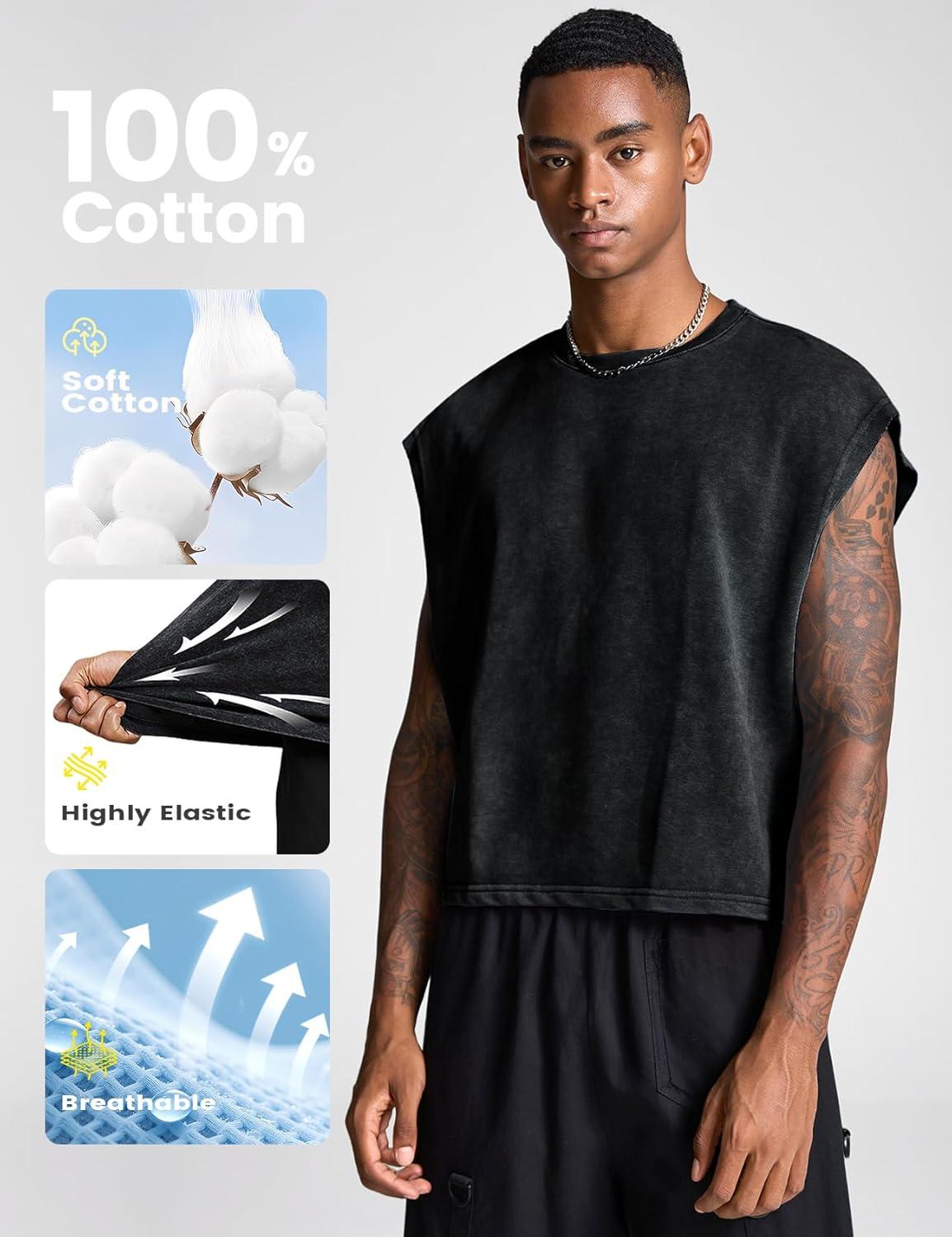 Arssm Men’s Crop T Shirts Acid Wash Tank Top Dolman Sleeve Vintage Crewneck Loose Pullover Top(Black)