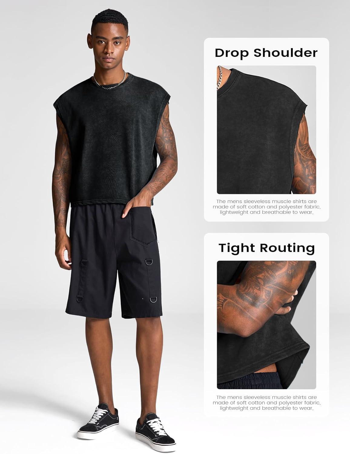 Arssm Men’s Crop T Shirts Acid Wash Tank Top Dolman Sleeve Vintage Crewneck Loose Pullover Top(Black)
