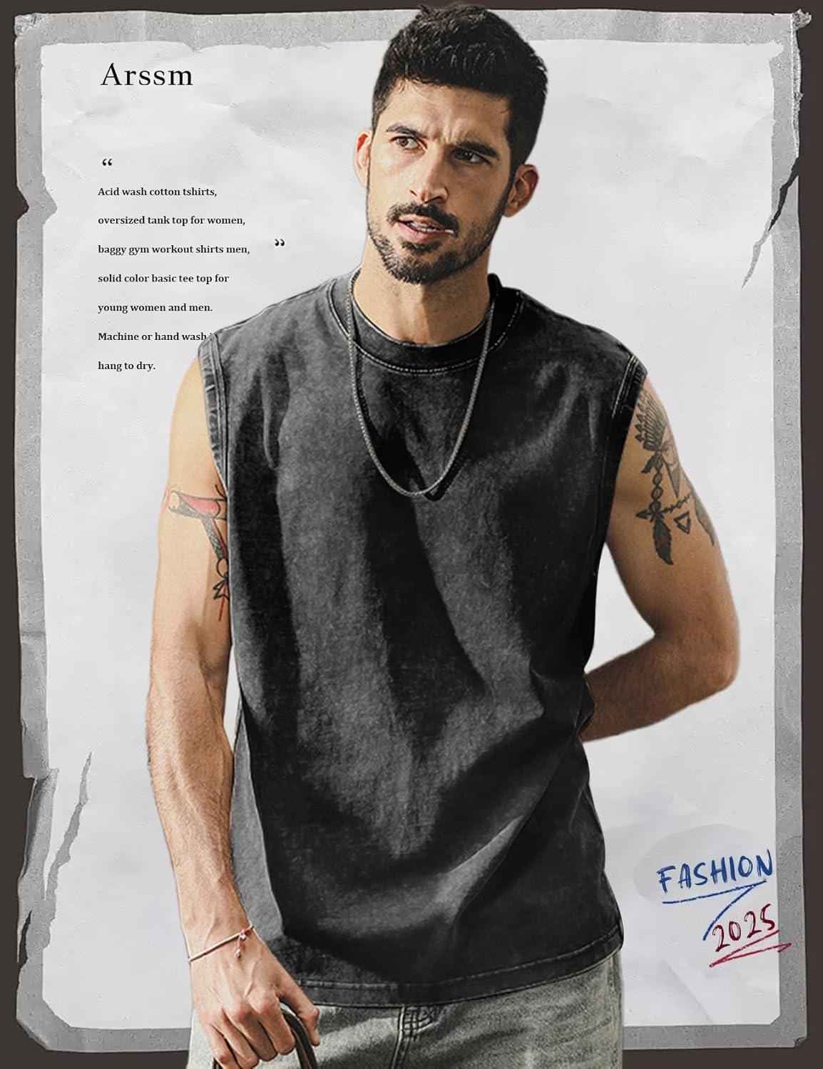Arssm Sleeveless Shirts for Men Tank Tops Cotton Acid Wash Tees Muscle Workout Running Tank Tops(Black+black+black)