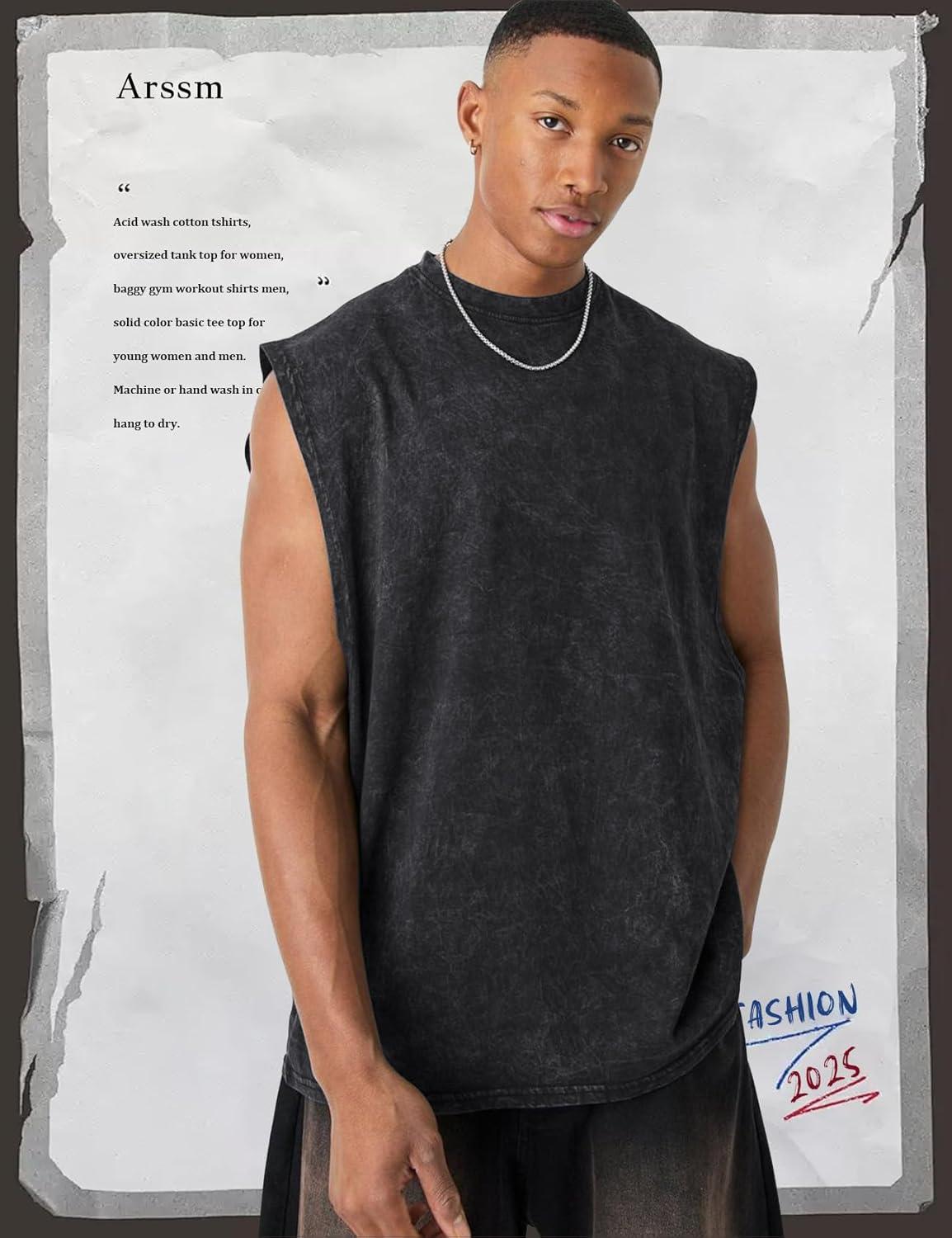 Arssm Sleeveless Shirts for Men Tank Tops Cotton Acid Wash Tees Muscle Workout Running Tank Tops(Black+black+black)
