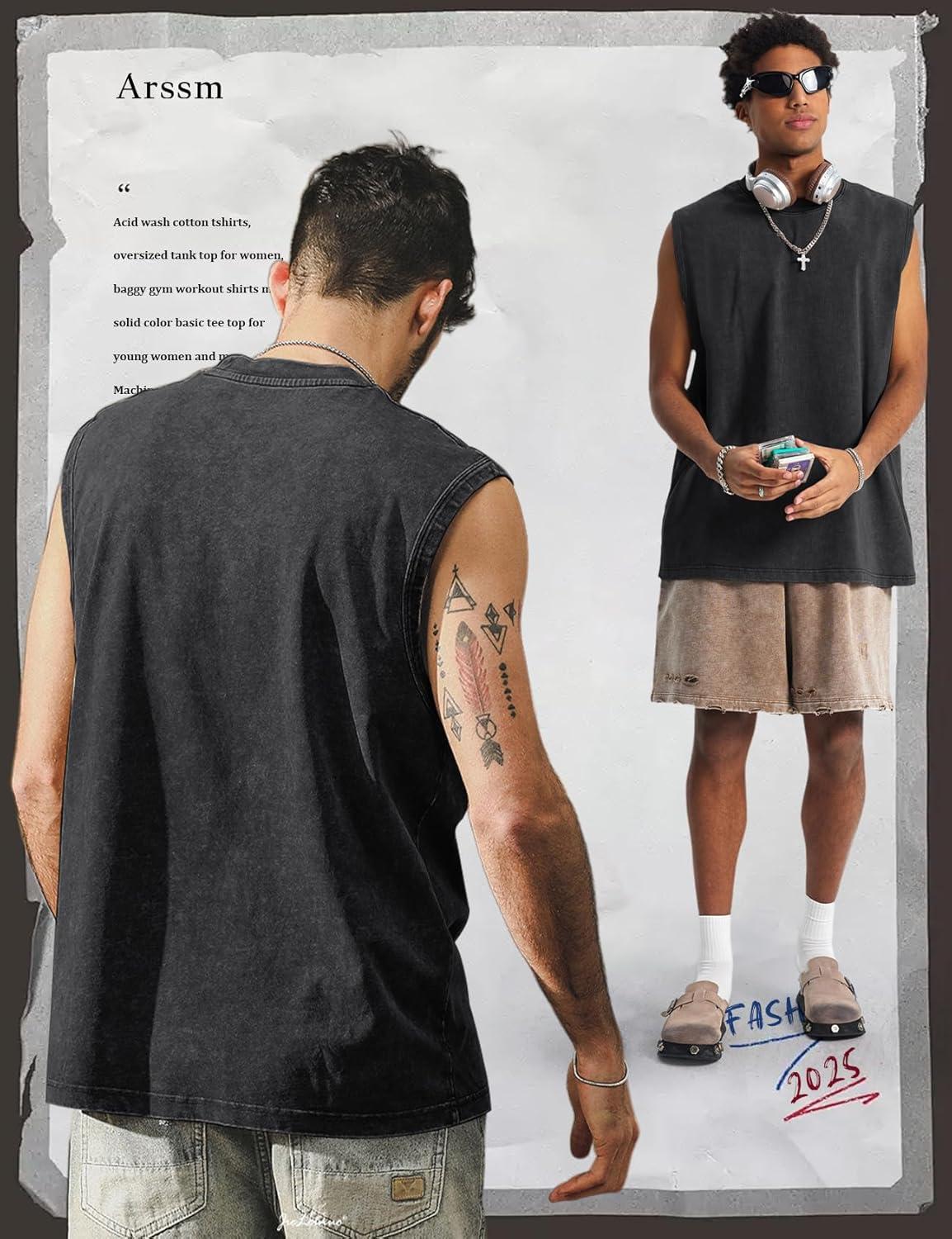 Arssm Sleeveless Shirts for Men Tank Tops Cotton Acid Wash Tees Muscle Workout Running Tank Tops(Black+black+black)