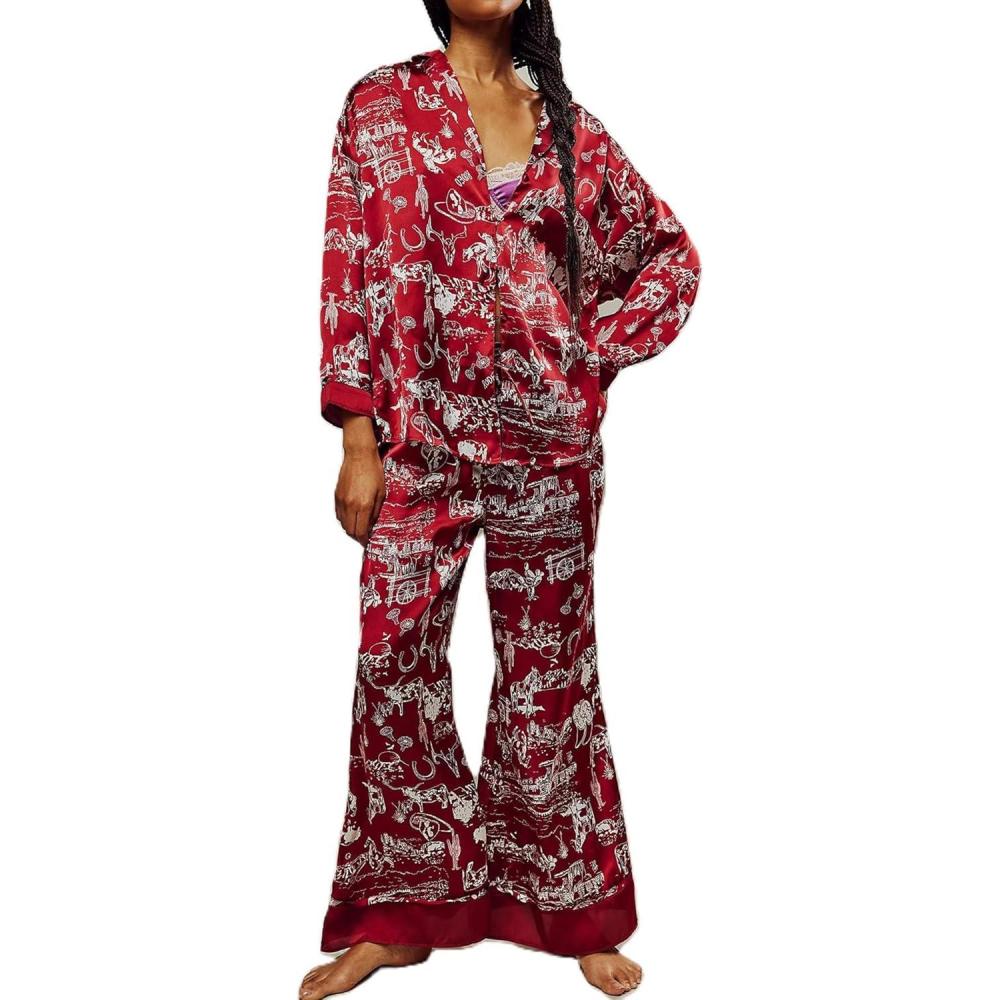 Arssm Satin Pajama Set for Women Silk Pajamas Set 2 Piece Floral Pj Set Long Sleeve Button Down Pjs Sleepwear(Brickred)