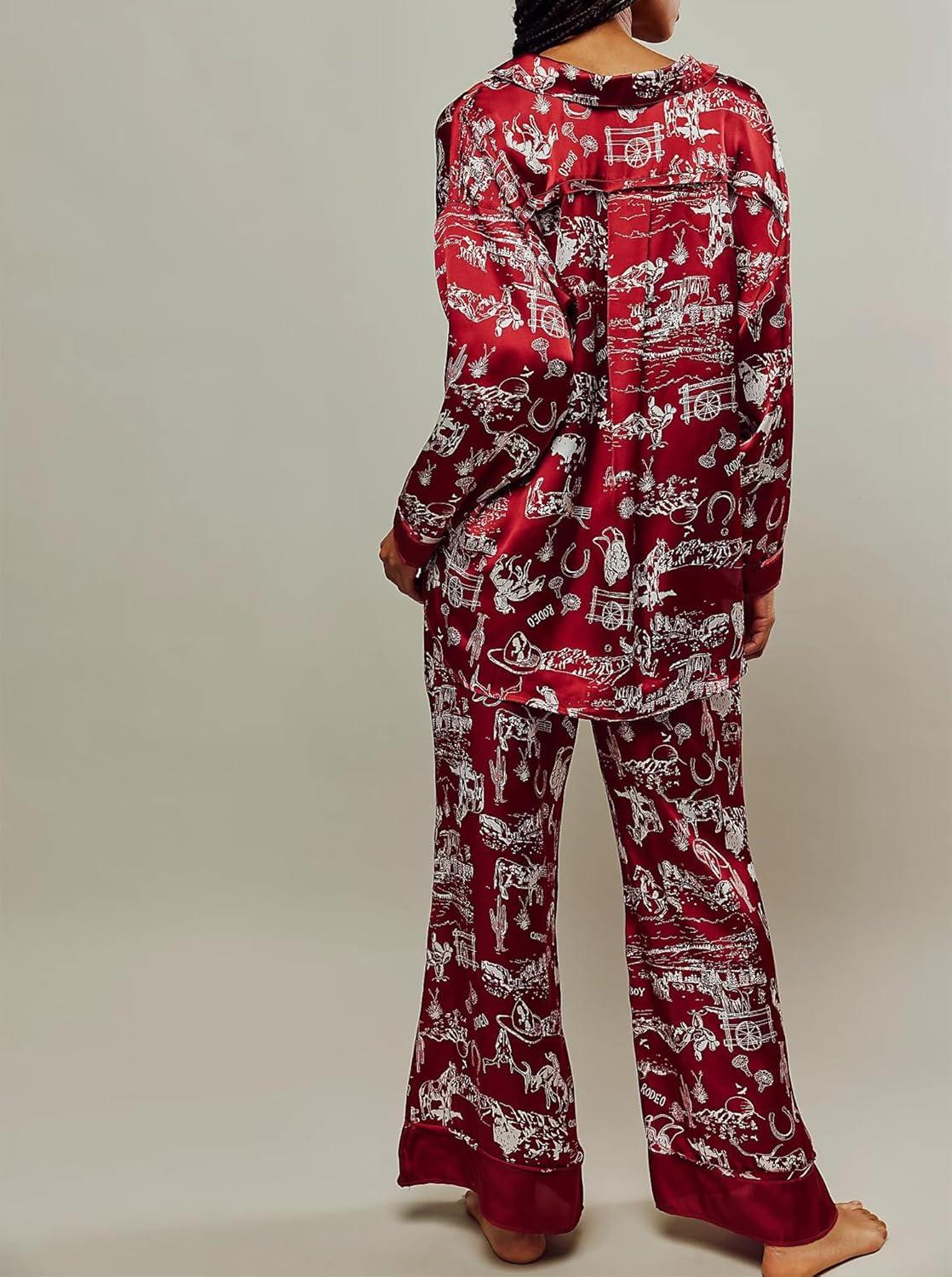 Arssm Satin Pajama Set for Women Silk Pajamas Set 2 Piece Floral Pj Set Long Sleeve Button Down Pjs Sleepwear(Brickred)