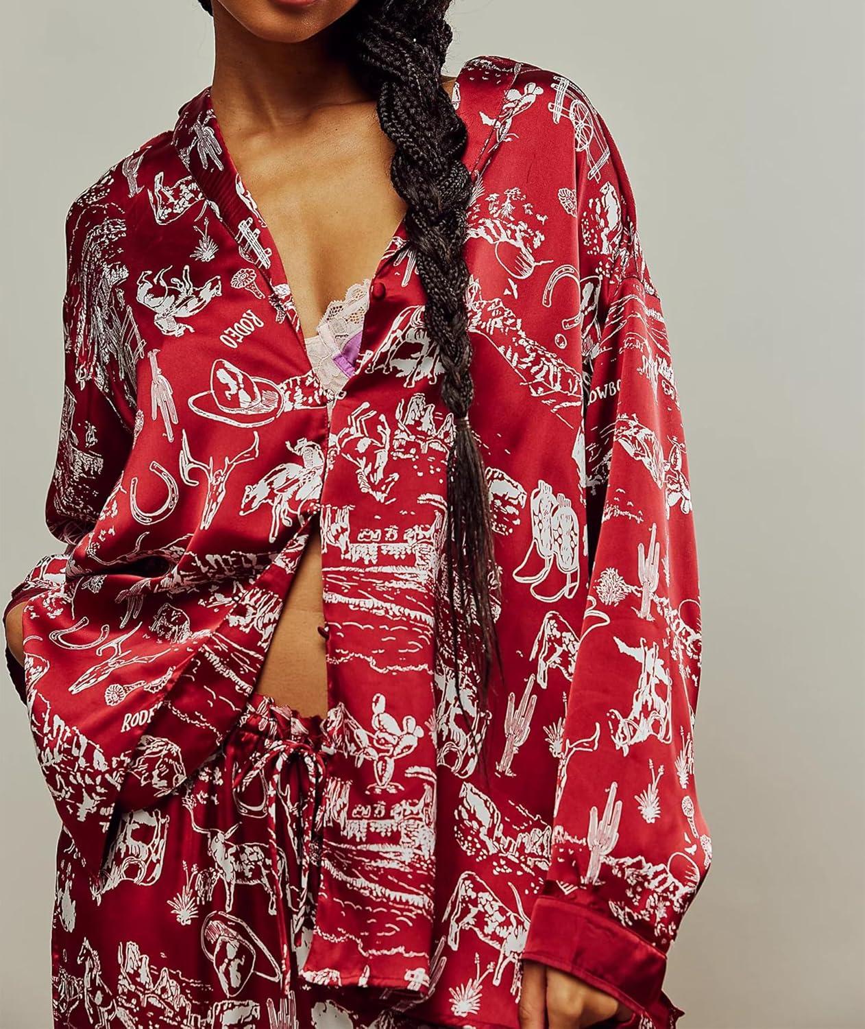 Arssm Satin Pajama Set for Women Silk Pajamas Set 2 Piece Floral Pj Set Long Sleeve Button Down Pjs Sleepwear(Brickred)