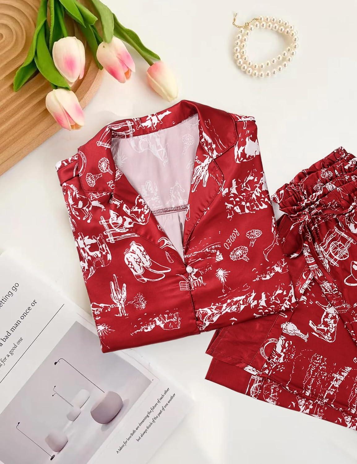 Arssm Satin Pajama Set for Women Silk Pajamas Set 2 Piece Floral Pj Set Long Sleeve Button Down Pjs Sleepwear(Brickred)