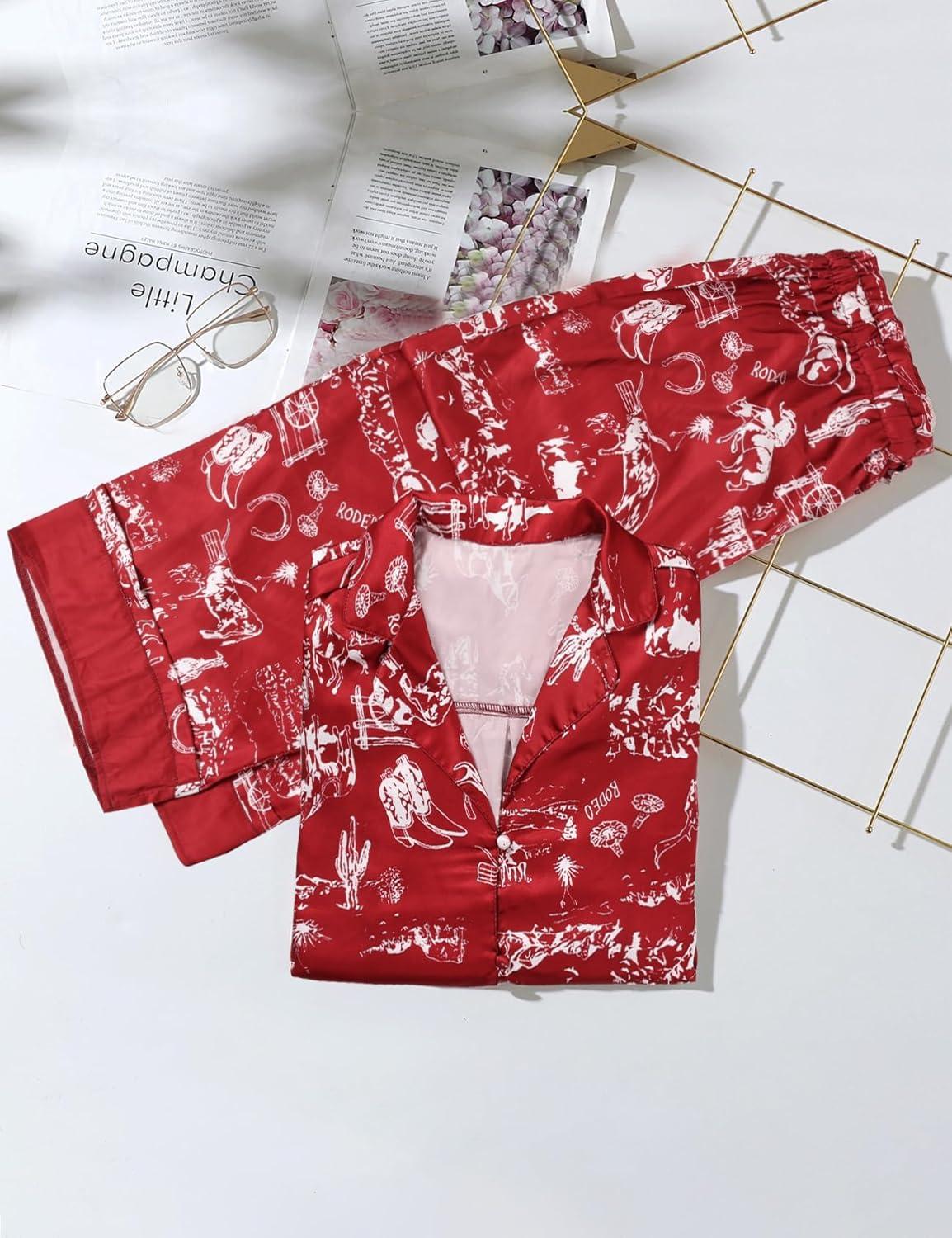 Arssm Satin Pajama Set for Women Silk Pajamas Set 2 Piece Floral Pj Set Long Sleeve Button Down Pjs Sleepwear(Brickred)