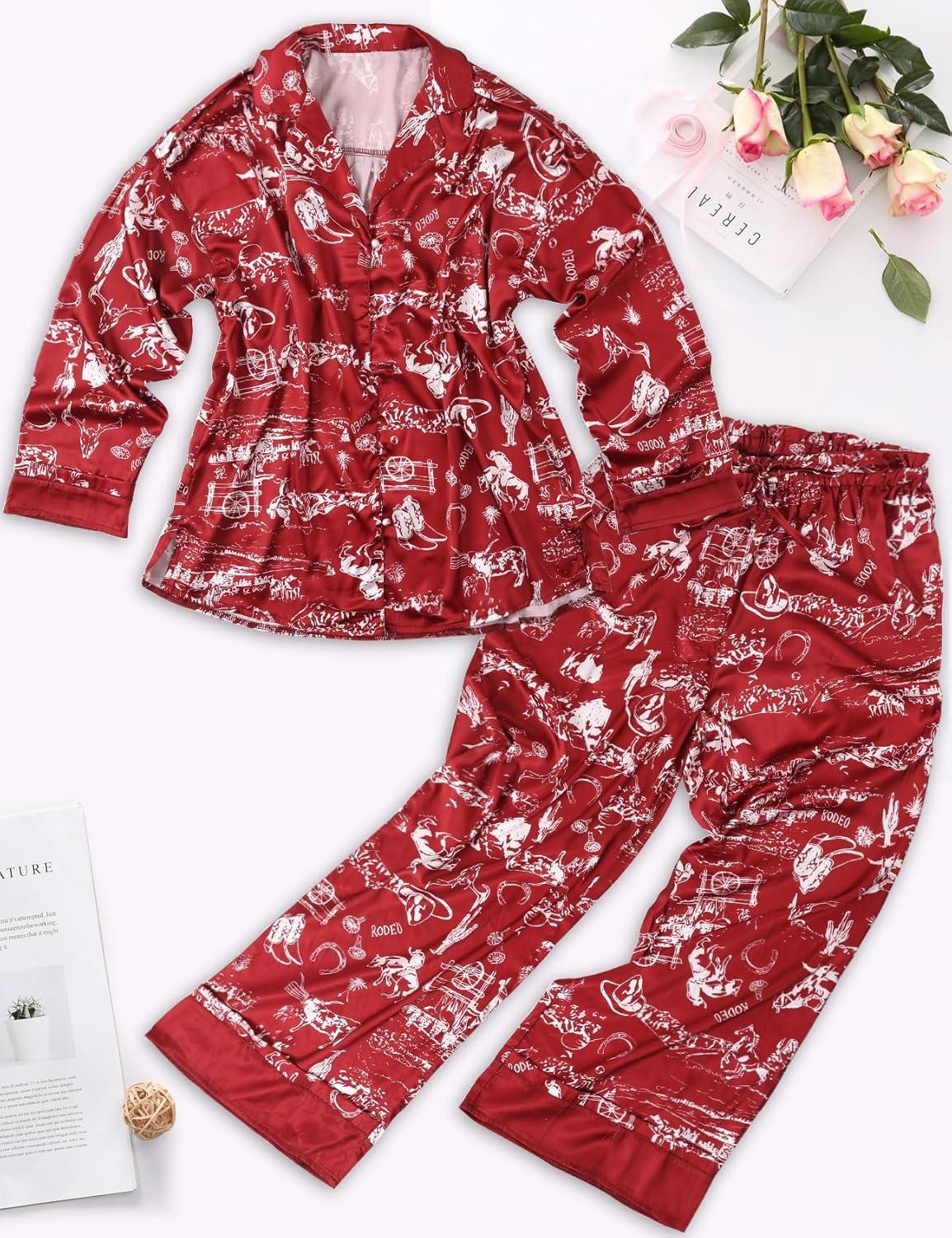 Arssm Satin Pajama Set for Women Silk Pajamas Set 2 Piece Floral Pj Set Long Sleeve Button Down Pjs Sleepwear(Brickred)