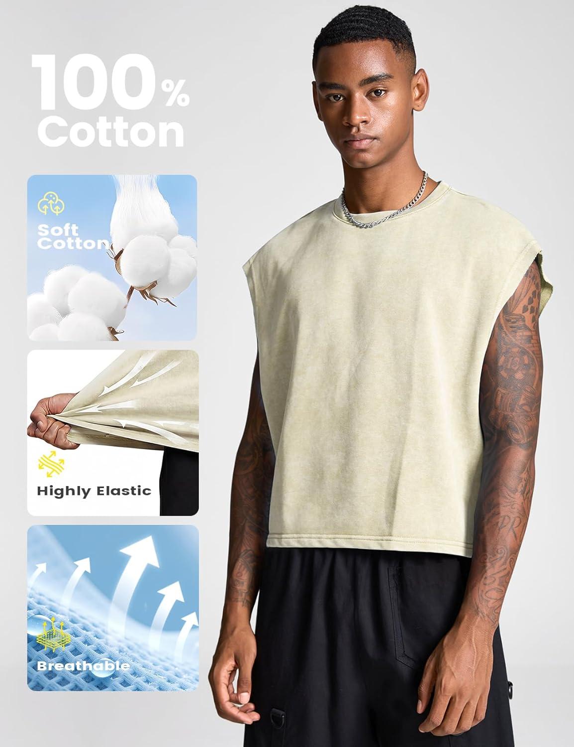 Arssm Men’s Crop T Shirts Acid Wash Tank Top Dolman Sleeve Vintage Crewneck Loose Pullover Top(Black+beige)