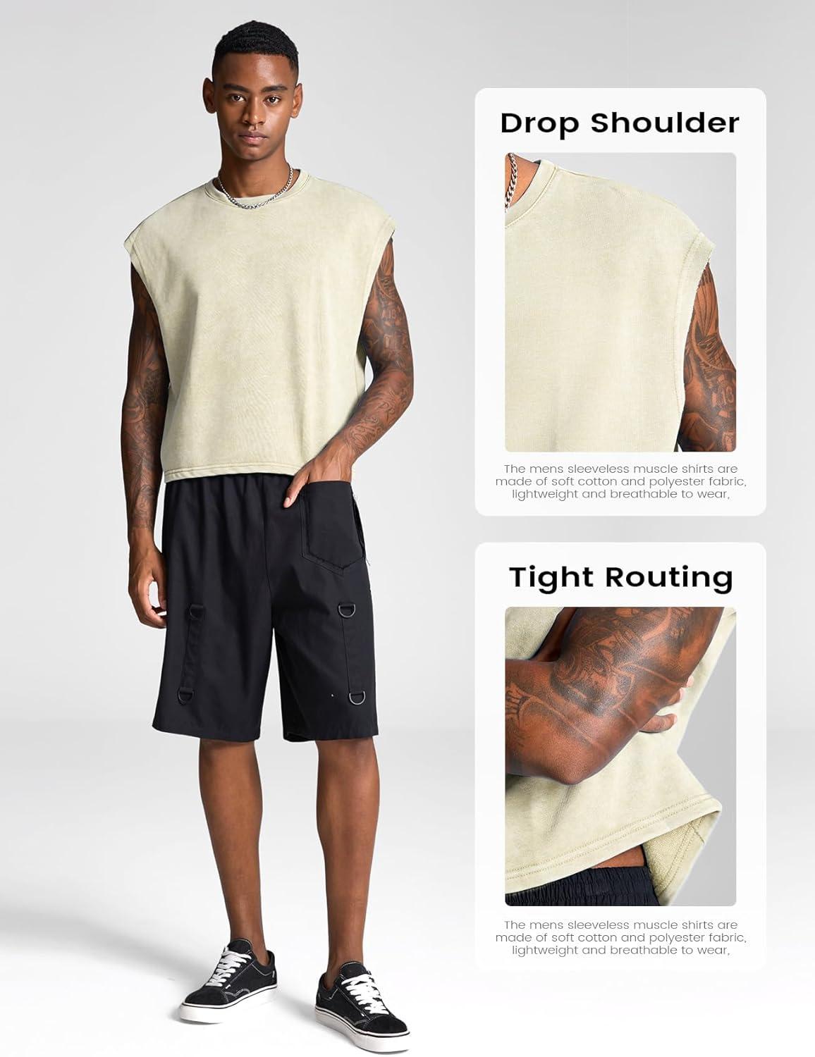Arssm Men’s Crop T Shirts Acid Wash Tank Top Dolman Sleeve Vintage Crewneck Loose Pullover Top(Black+beige)