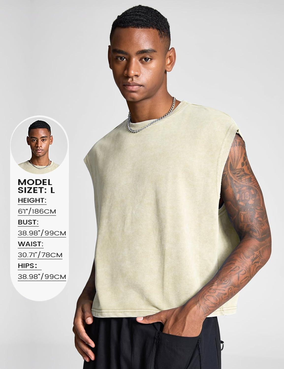 Arssm Men’s Crop T Shirts Acid Wash Tank Top Dolman Sleeve Vintage Crewneck Loose Pullover Top(Black+beige)