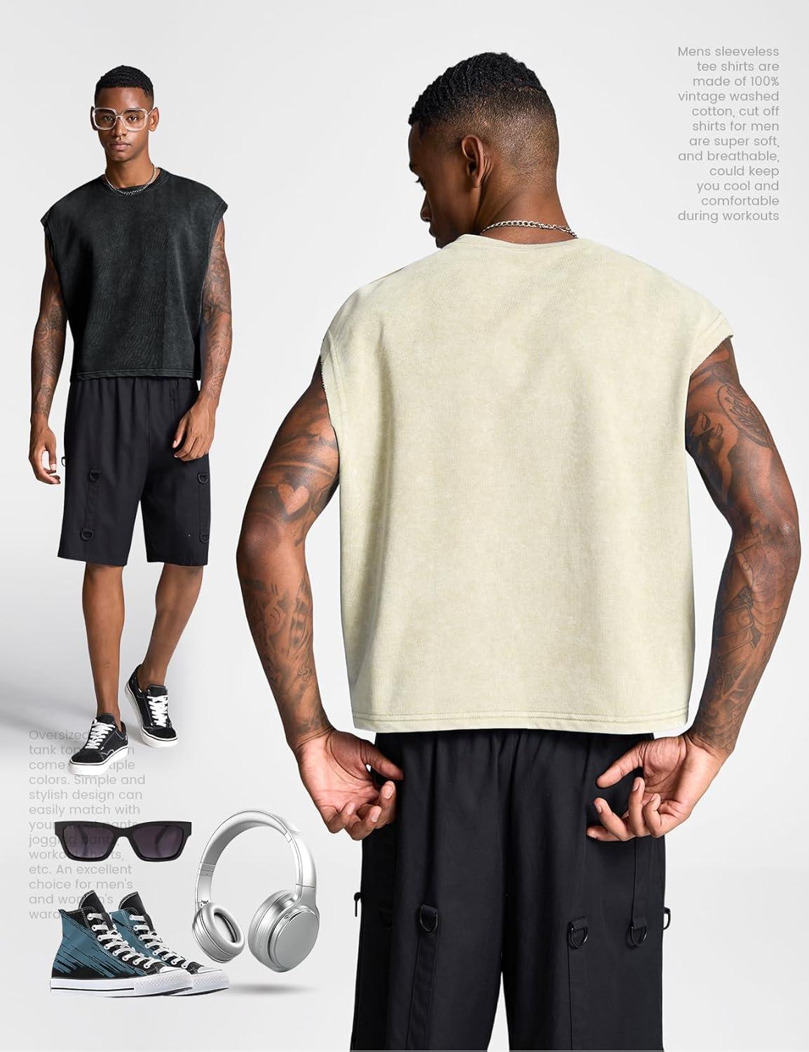 Arssm Men’s Crop T Shirts Acid Wash Tank Top Dolman Sleeve Vintage Crewneck Loose Pullover Top(Black+beige)