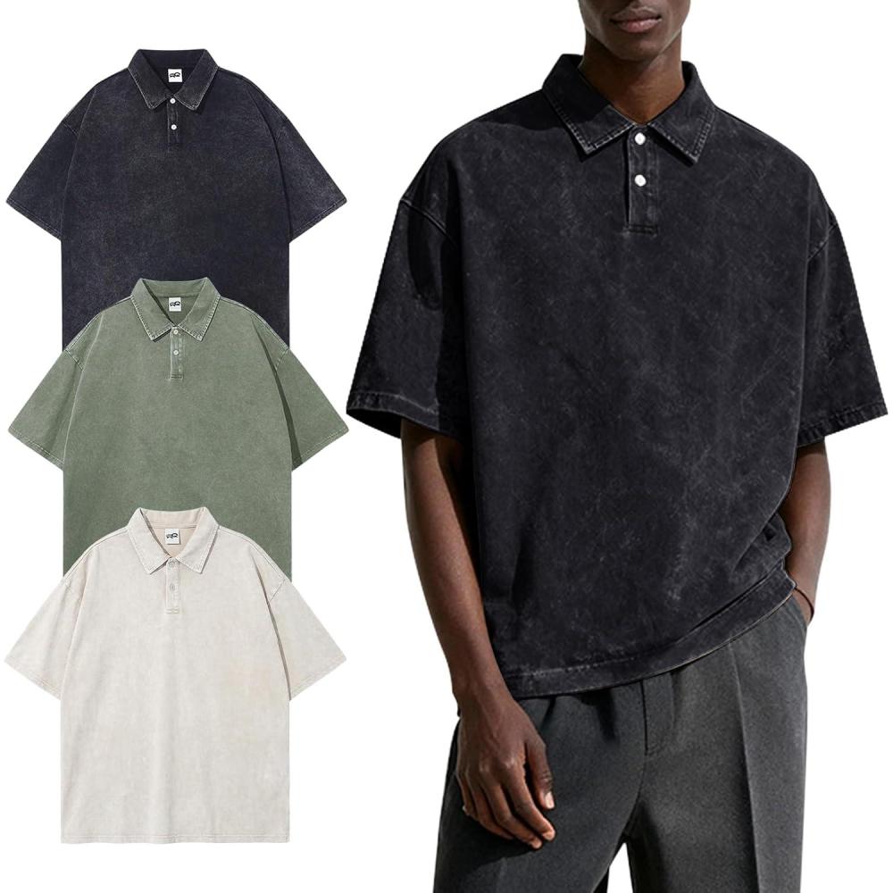 Arssm Mens Polo Shirts Short Sleeve Cotton Acid Washed Overzied T Shirts Baggy Vintage Collared Polo Shirts(Black+beige+army)