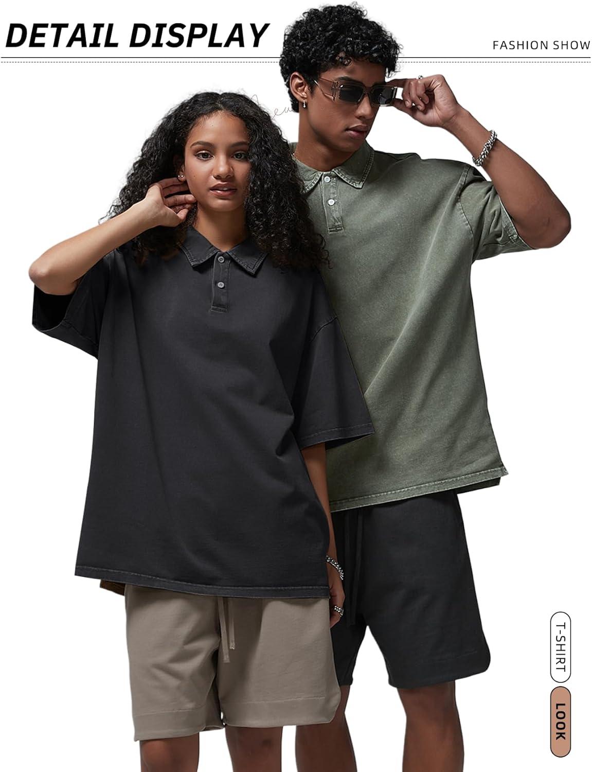 Arssm Mens Polo Shirts Short Sleeve Cotton Acid Washed Overzied T Shirts Baggy Vintage Collared Polo Shirts(Black+beige+army)