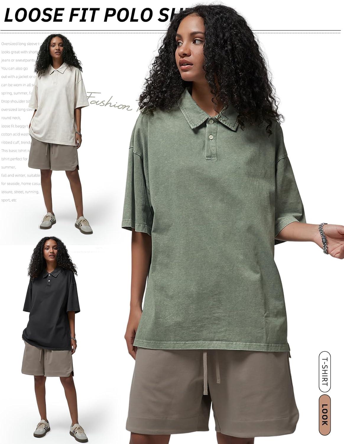 Arssm Mens Polo Shirts Short Sleeve Cotton Acid Washed Overzied T Shirts Baggy Vintage Collared Polo Shirts(Black+beige+army)