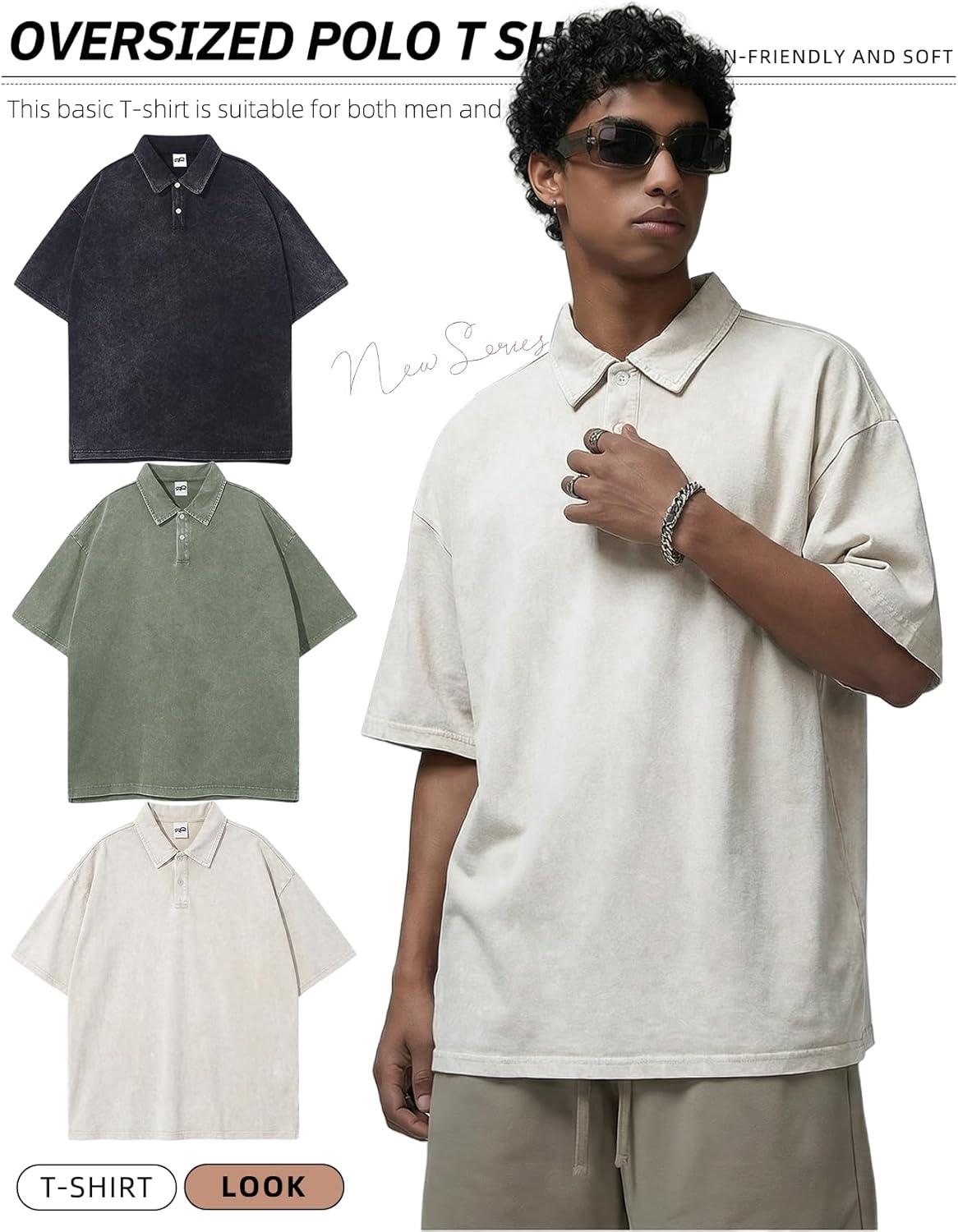 Arssm Mens Polo Shirts Short Sleeve Cotton Acid Washed Overzied T Shirts Baggy Vintage Collared Polo Shirts(Black+beige+army)