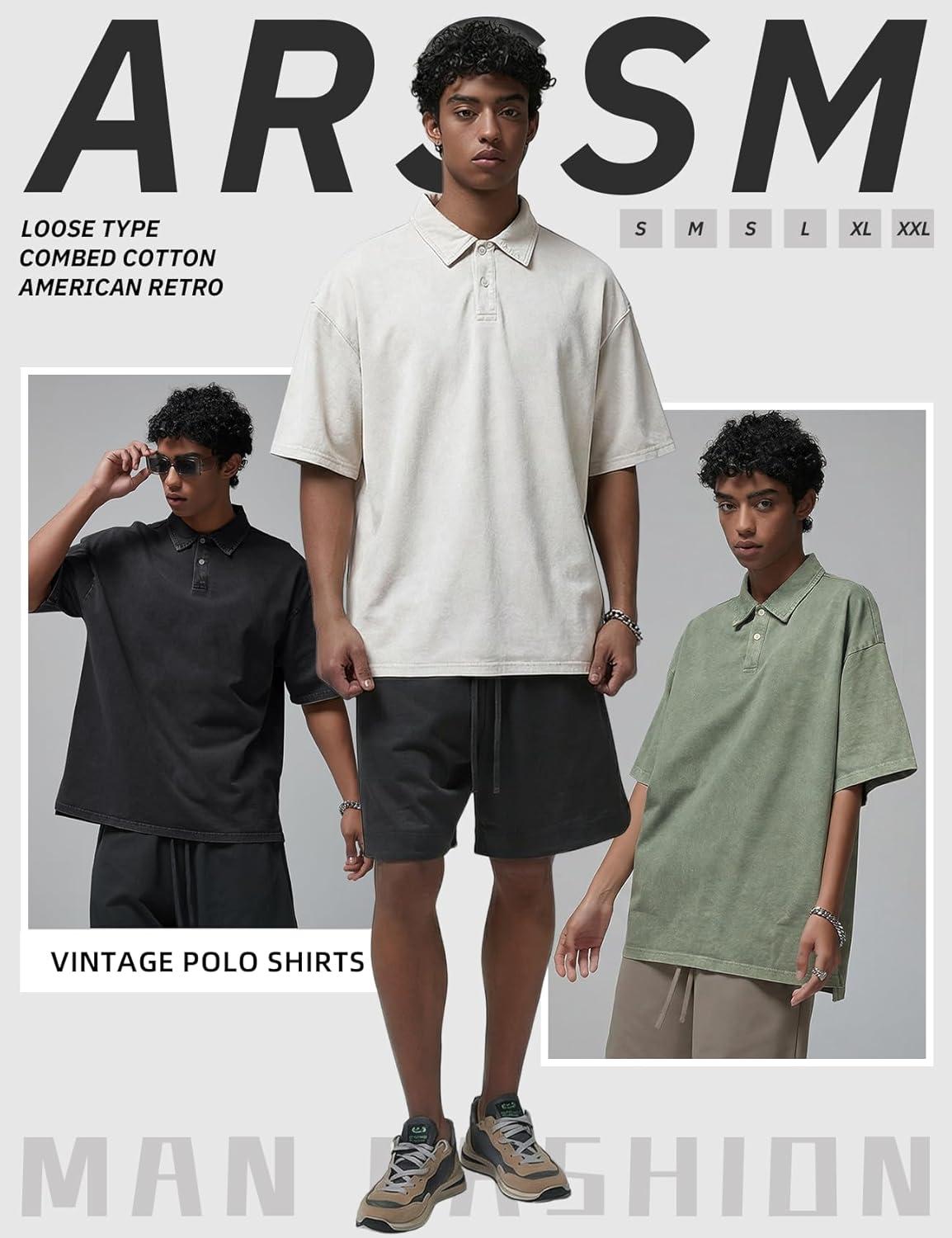 Arssm Mens Polo Shirts Short Sleeve Cotton Acid Washed Overzied T Shirts Baggy Vintage Collared Polo Shirts(Black+beige+army)