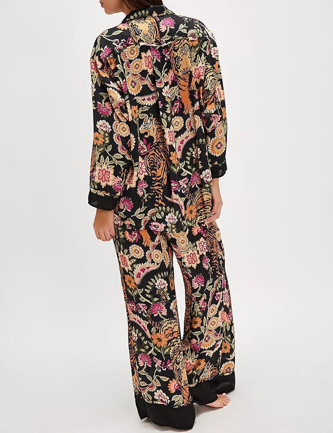 Arssm Satin Pajama Set for Women Silk Pajamas Set 2 Piece Floral Pj Set Long Sleeve Button Down Pjs Sleepwear(Blackfloral)
