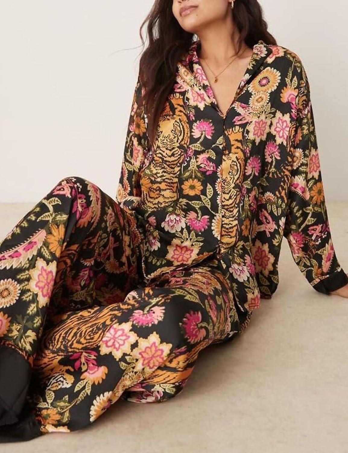 Arssm Satin Pajama Set for Women Silk Pajamas Set 2 Piece Floral Pj Set Long Sleeve Button Down Pjs Sleepwear(Blackfloral)
