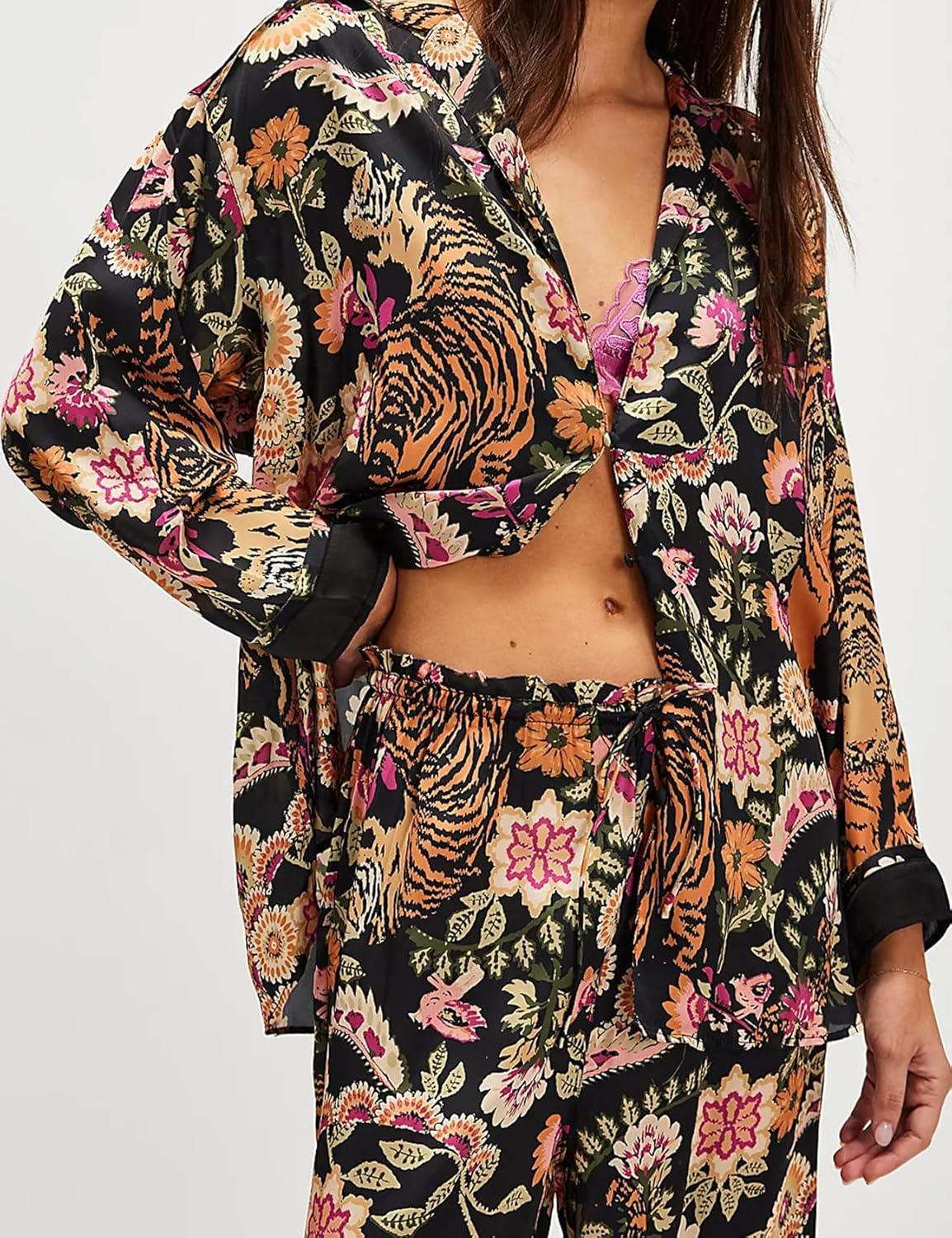 Arssm Satin Pajama Set for Women Silk Pajamas Set 2 Piece Floral Pj Set Long Sleeve Button Down Pjs Sleepwear(Blackfloral)
