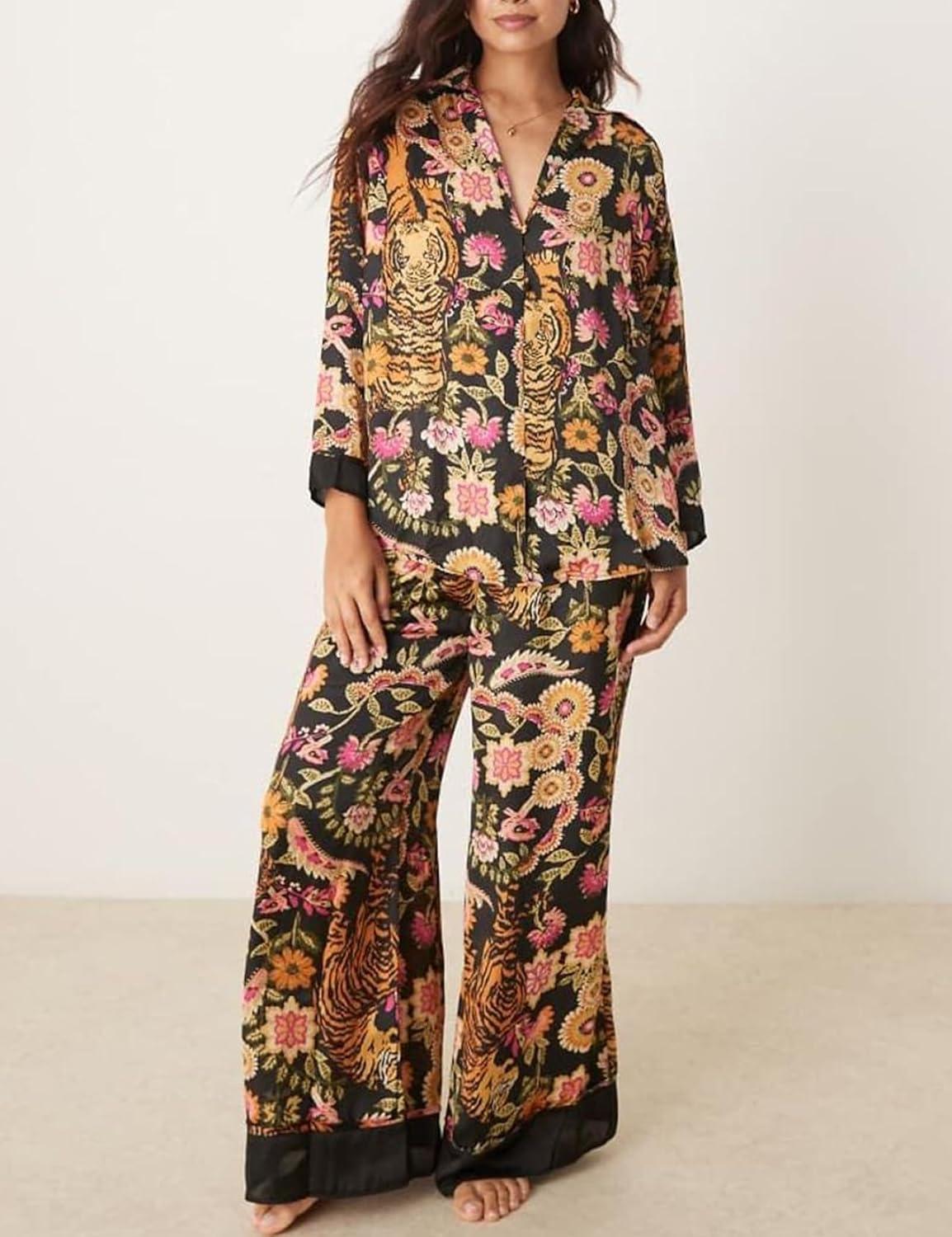 Arssm Satin Pajama Set for Women Silk Pajamas Set 2 Piece Floral Pj Set Long Sleeve Button Down Pjs Sleepwear(Blackfloral)