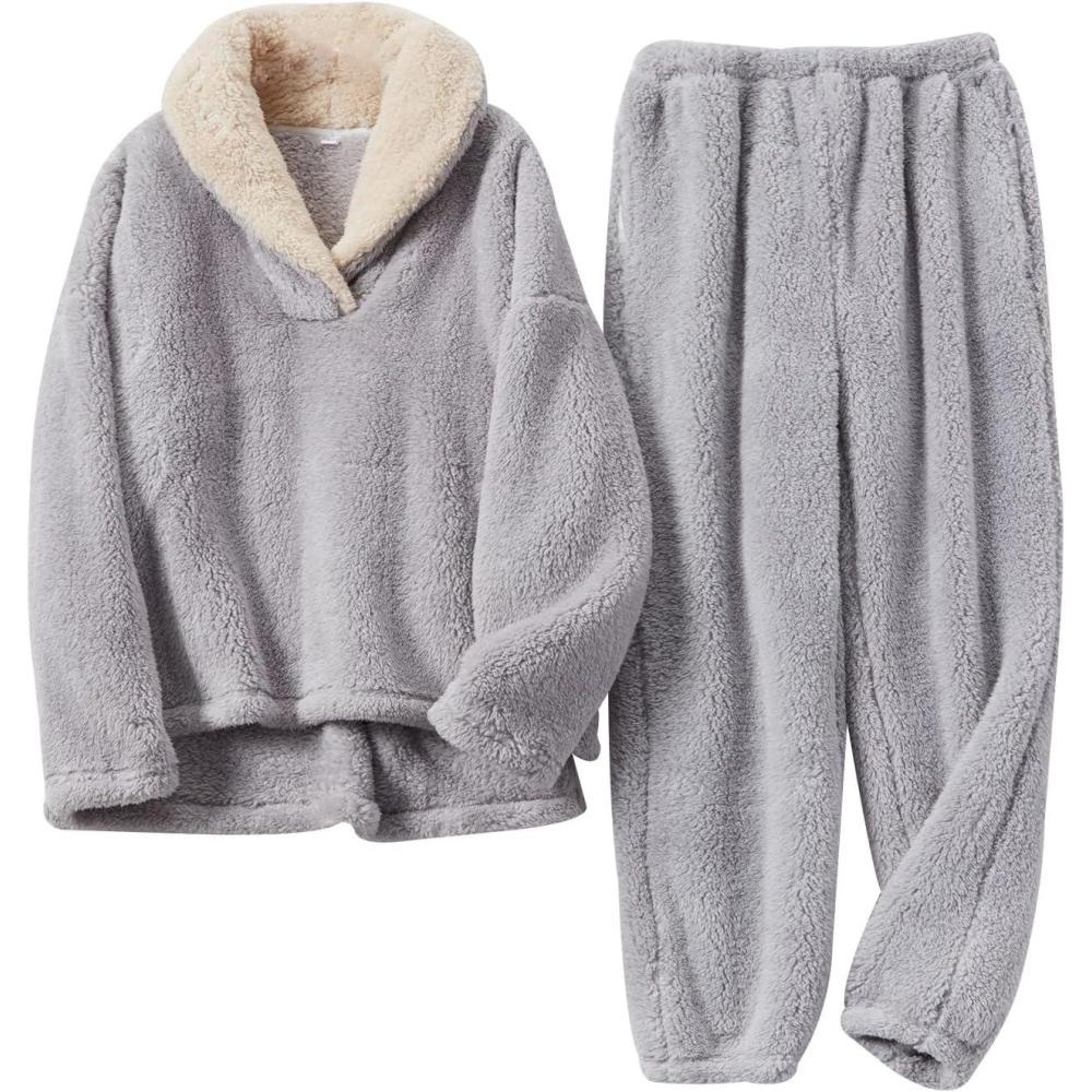 Arssm Women Fluffy Pajamas Set Fleece Pajamas Winter Warm Loose Plush Fuzzy Sets 2 Piece Cozy Sleepwear(Lightgrey)