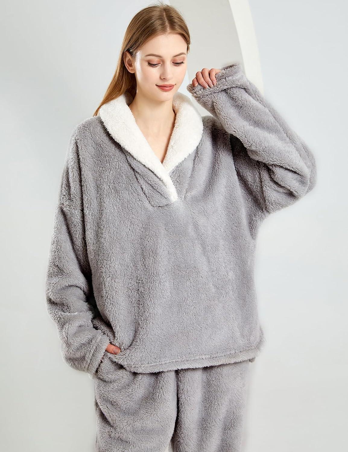 Arssm Women Fluffy Pajamas Set Fleece Pajamas Winter Warm Loose Plush Fuzzy Sets 2 Piece Cozy Sleepwear(Lightgrey)