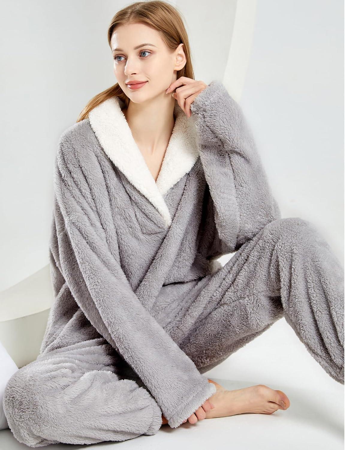 Arssm Women Fluffy Pajamas Set Fleece Pajamas Winter Warm Loose Plush Fuzzy Sets 2 Piece Cozy Sleepwear(Lightgrey)