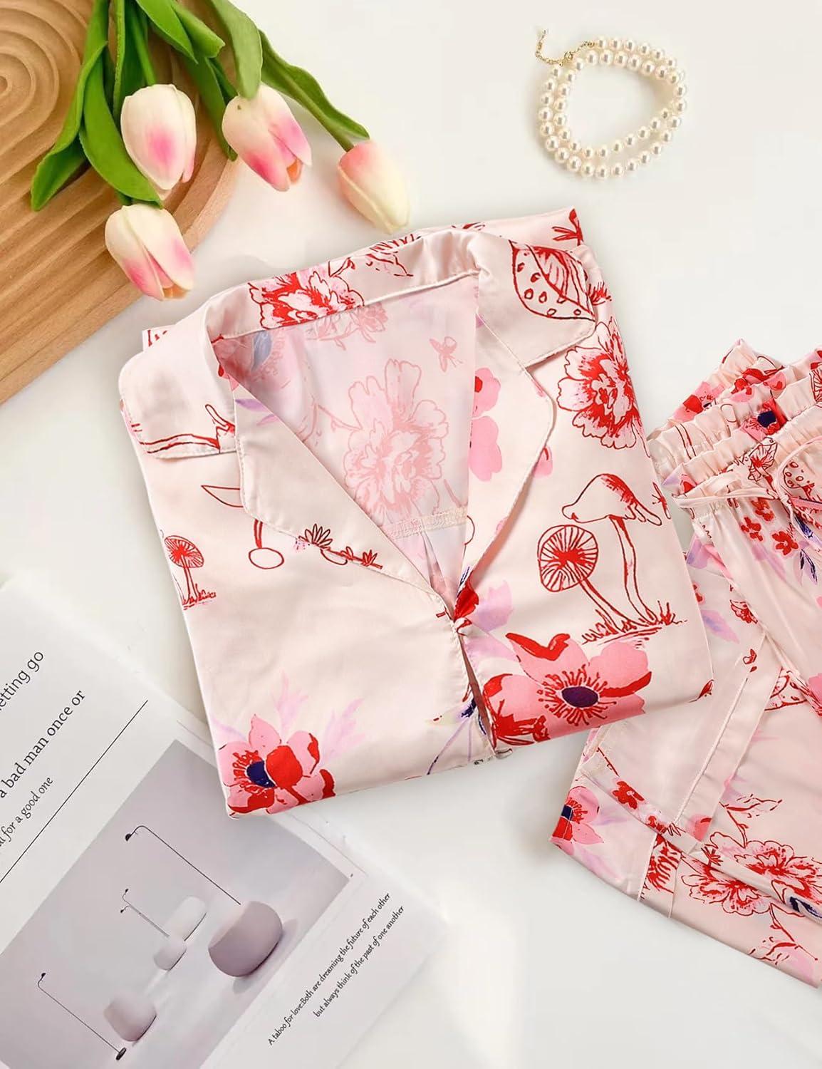 Arssm Satin Pajama Set for Women Silk Pajamas Set 2 Piece Floral Pj Set Long Sleeve Button Down Pjs Sleepwear(White)