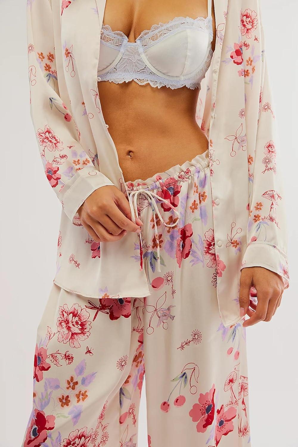 Arssm Satin Pajama Set for Women Silk Pajamas Set 2 Piece Floral Pj Set Long Sleeve Button Down Pjs Sleepwear(White)