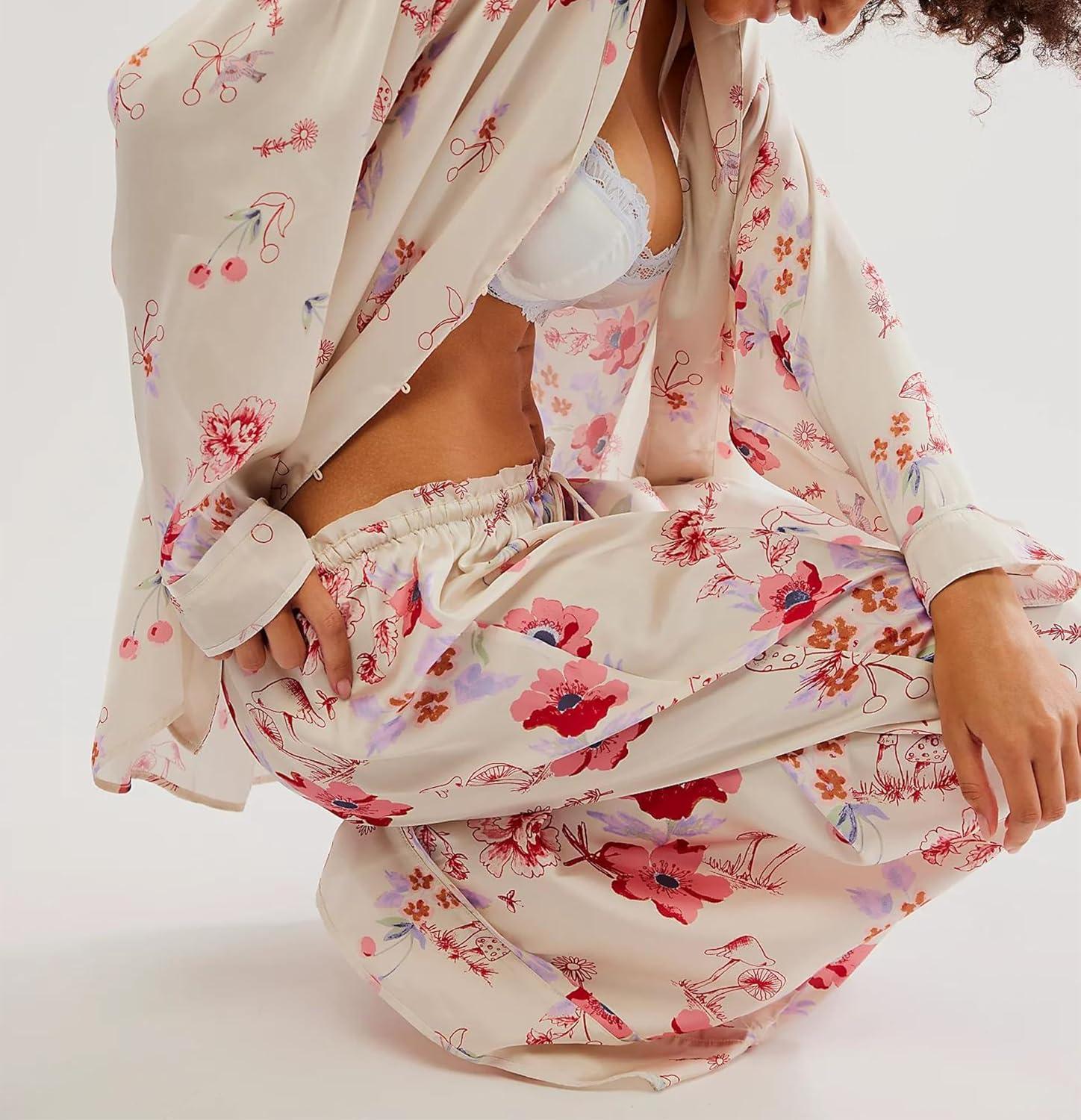 Arssm Satin Pajama Set for Women Silk Pajamas Set 2 Piece Floral Pj Set Long Sleeve Button Down Pjs Sleepwear(White)