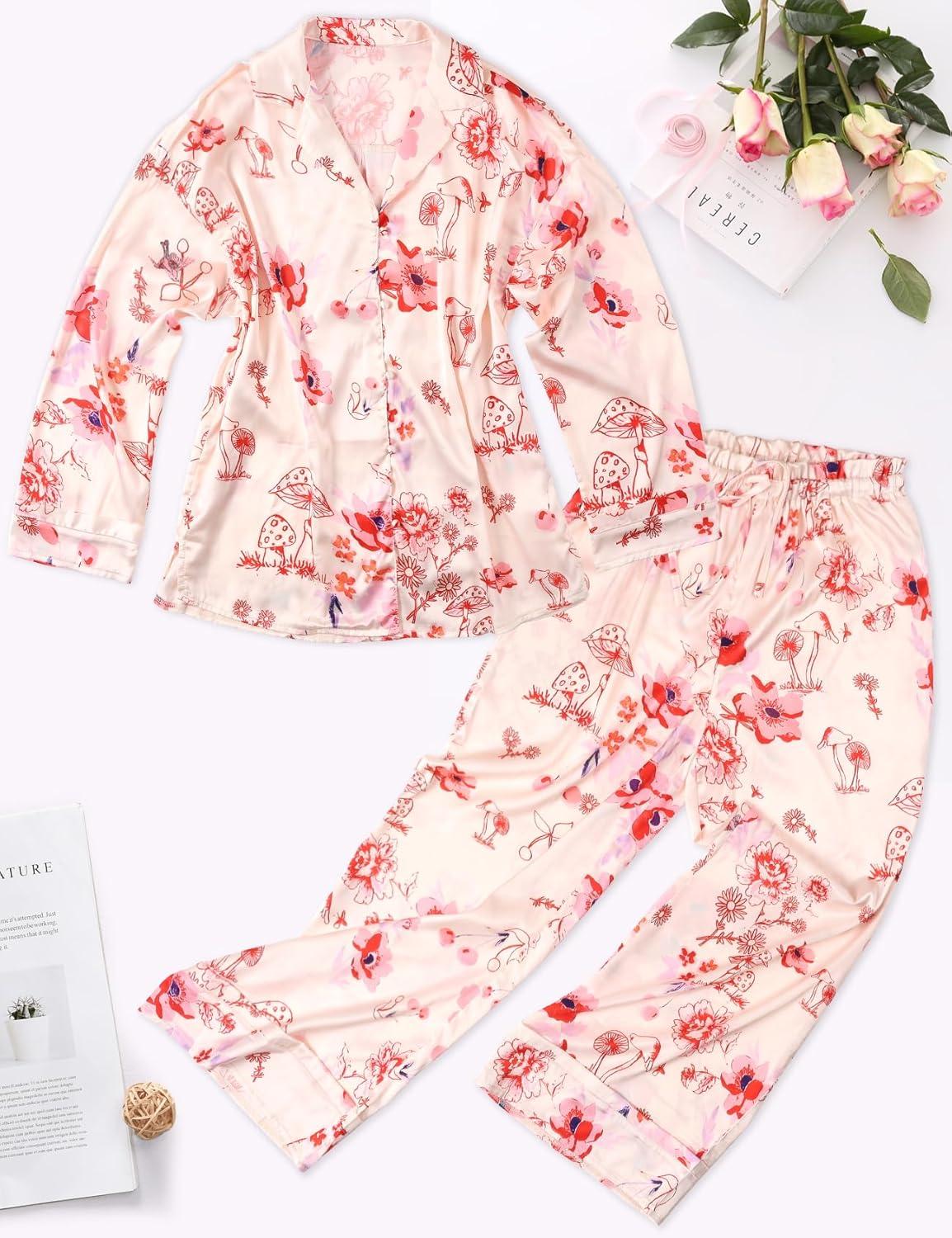 Arssm Satin Pajama Set for Women Silk Pajamas Set 2 Piece Floral Pj Set Long Sleeve Button Down Pjs Sleepwear(White)