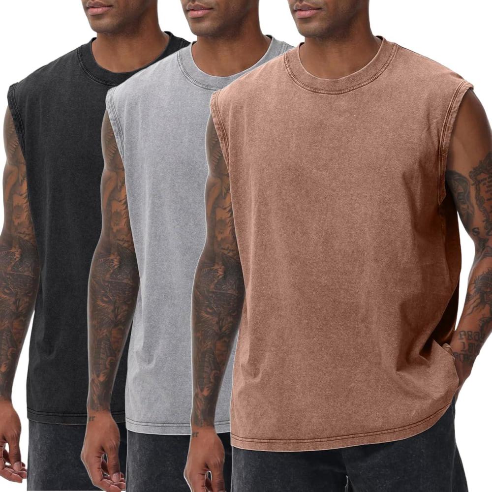 Arssm Sleeveless Shirts for Men Tank Tops Cotton Acid Wash Tees Muscle Workout Running Tank Tops(Black+khaki+grey)
