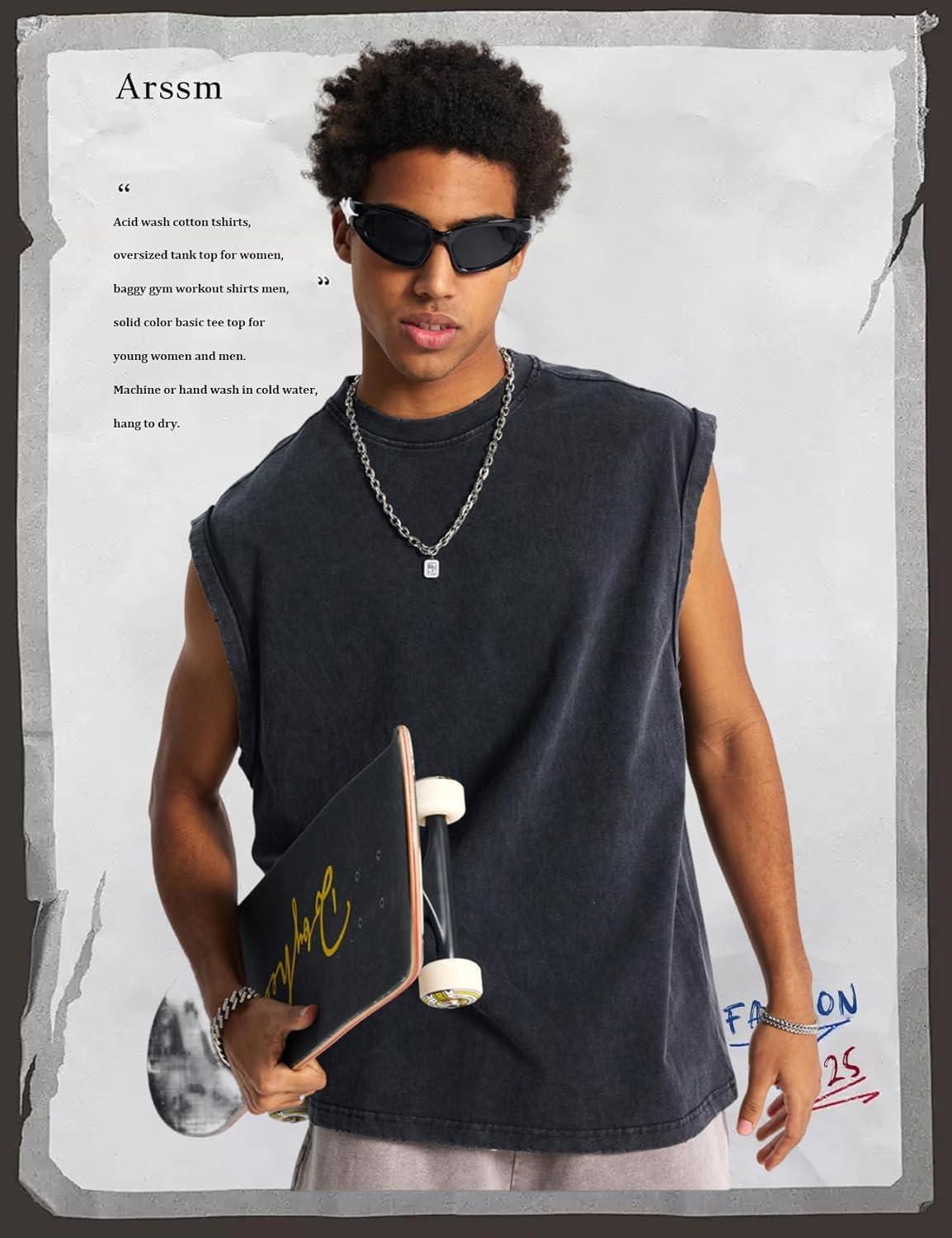 Arssm Sleeveless Shirts for Men Tank Tops Cotton Acid Wash Tees Muscle Workout Running Tank Tops(Black+khaki+grey)