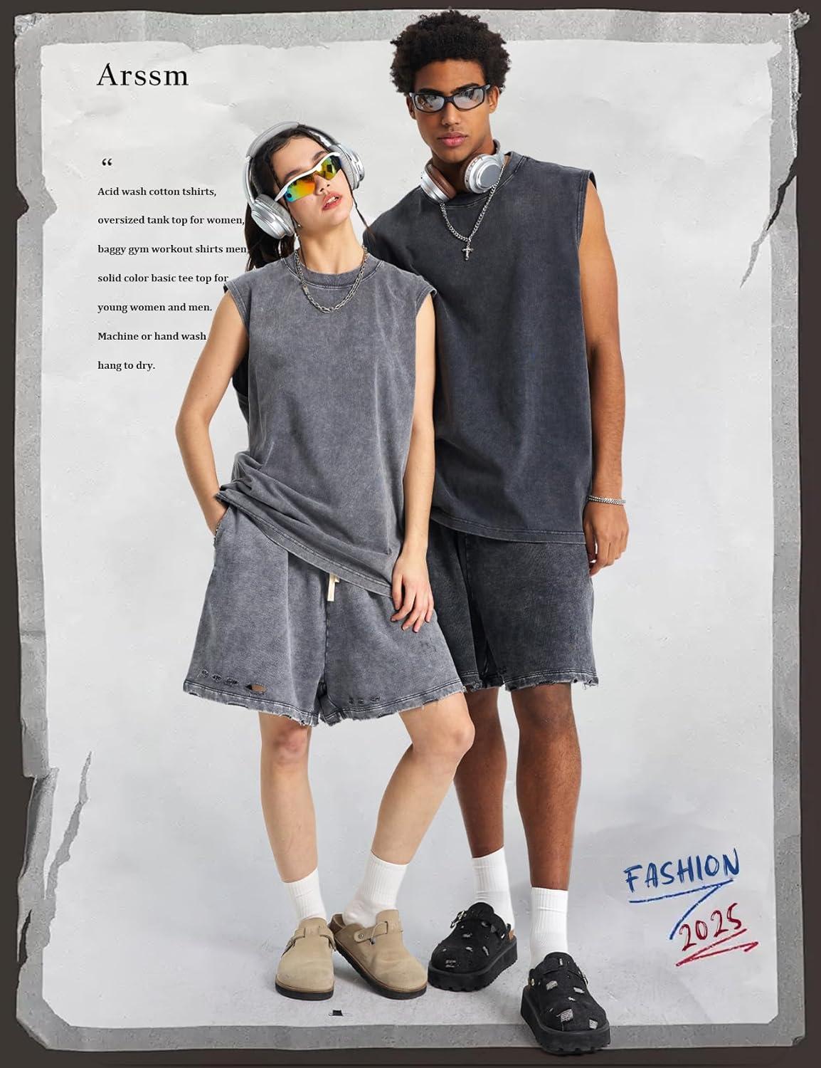 Arssm Sleeveless Shirts for Men Tank Tops Cotton Acid Wash Tees Muscle Workout Running Tank Tops(Black+khaki+grey)