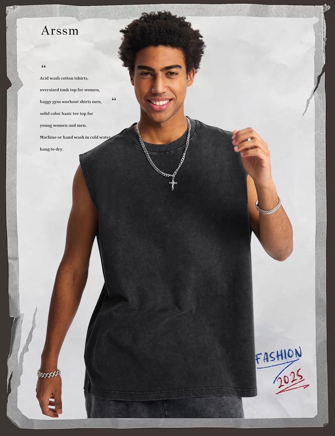 Arssm Sleeveless Shirts for Men Tank Tops Cotton Acid Wash Tees Muscle Workout Running Tank Tops(Black+grey+beige)