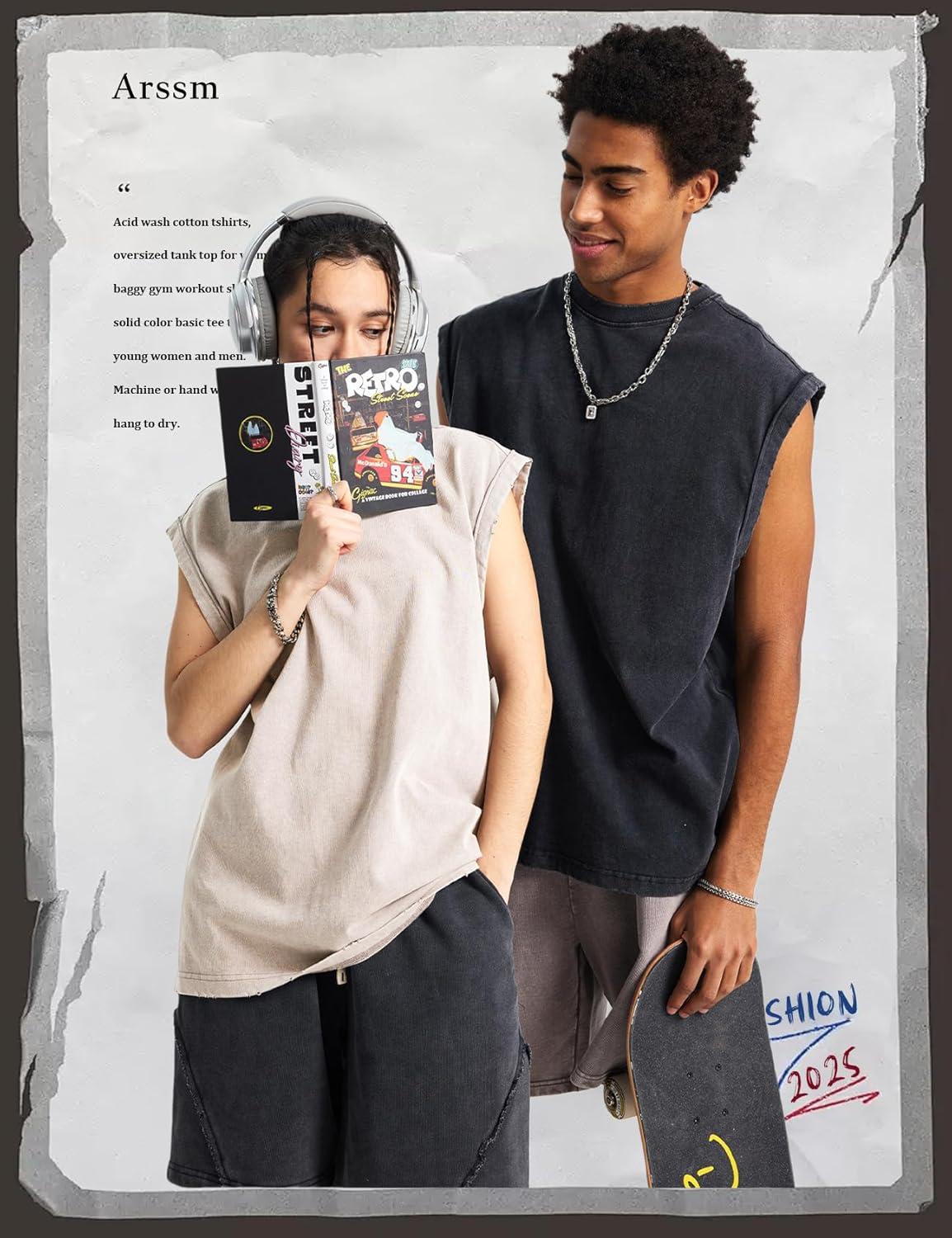 Arssm Sleeveless Shirts for Men Tank Tops Cotton Acid Wash Tees Muscle Workout Running Tank Tops(Black+grey+beige)