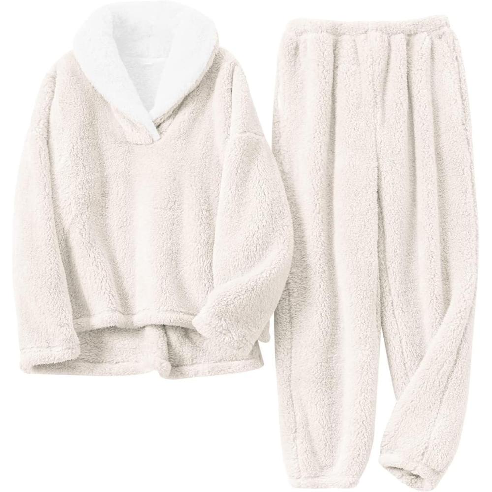 Arssm Women Fluffy Pajamas Set Fleece Pajamas Winter Warm Loose Plush Fuzzy Sets 2 Piece Cozy Sleepwear(Beige)