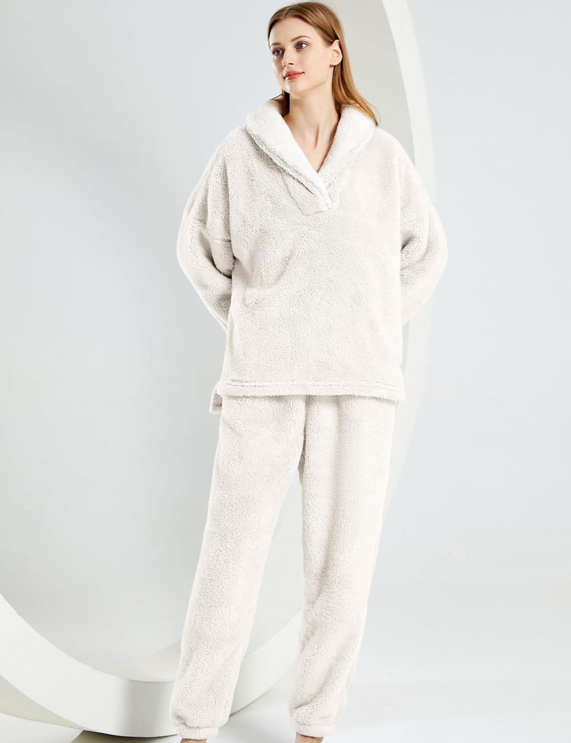 Arssm Women Fluffy Pajamas Set Fleece Pajamas Winter Warm Loose Plush Fuzzy Sets 2 Piece Cozy Sleepwear(Beige)