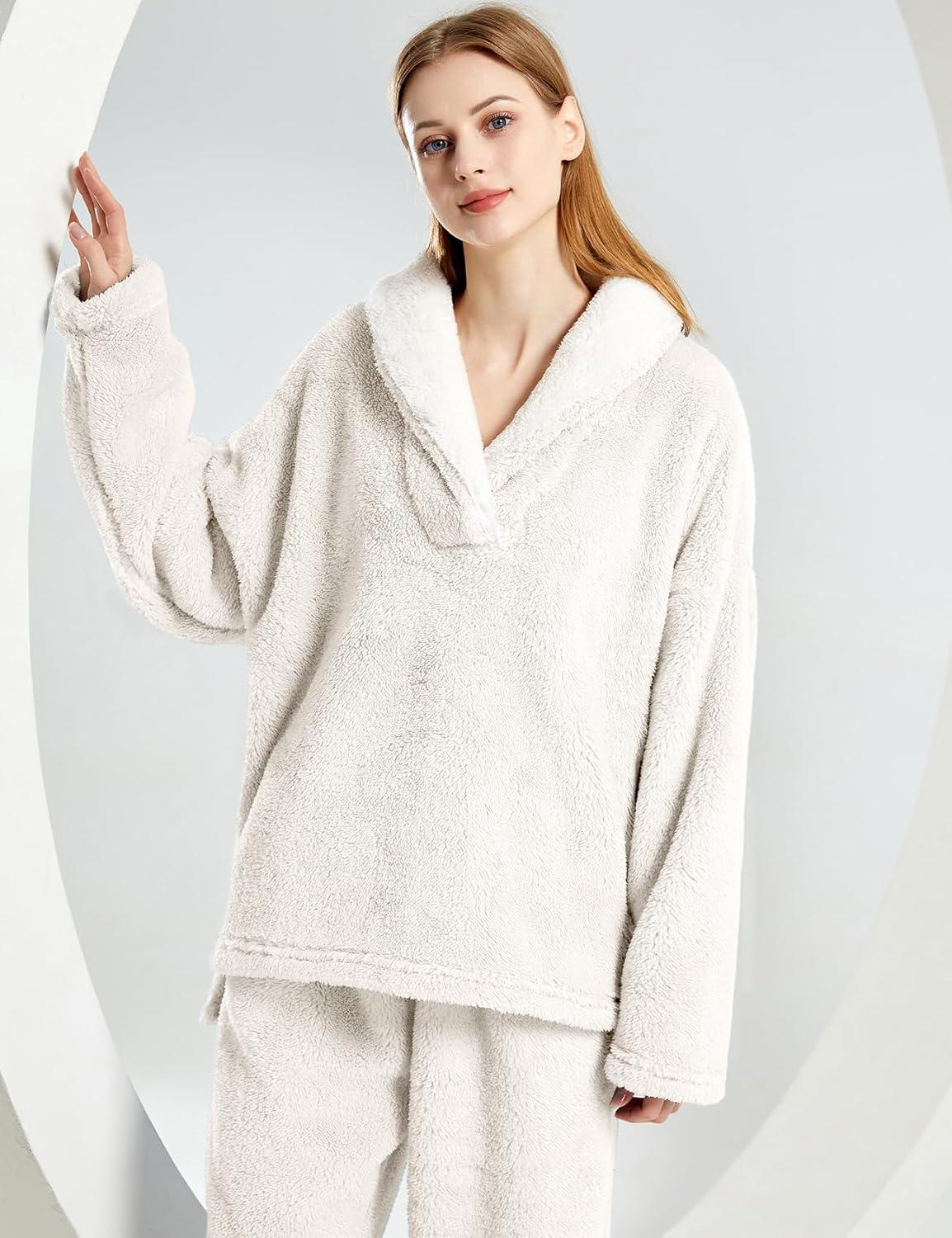 Arssm Women Fluffy Pajamas Set Fleece Pajamas Winter Warm Loose Plush Fuzzy Sets 2 Piece Cozy Sleepwear(Beige)