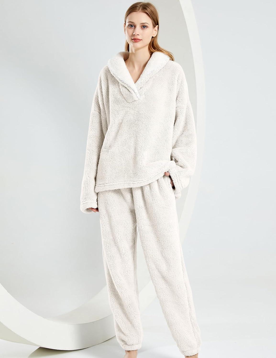 Arssm Women Fluffy Pajamas Set Fleece Pajamas Winter Warm Loose Plush Fuzzy Sets 2 Piece Cozy Sleepwear(Beige)