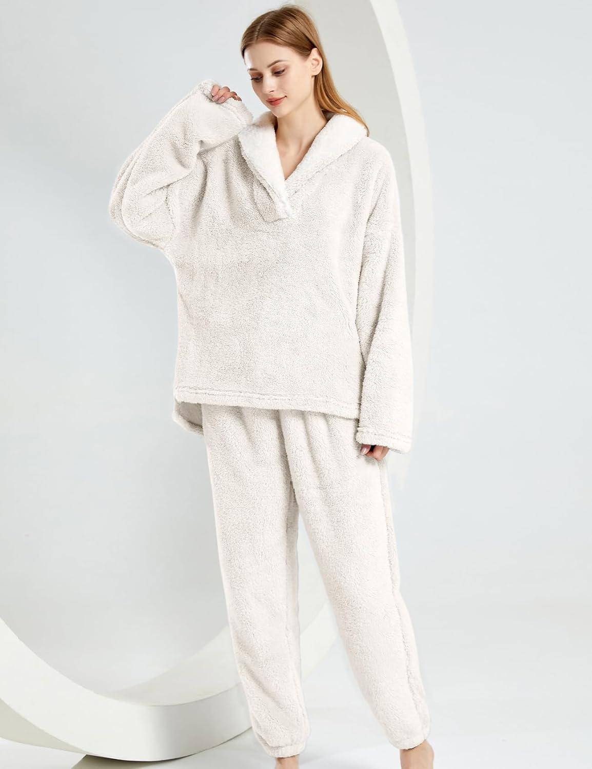 Arssm Women Fluffy Pajamas Set Fleece Pajamas Winter Warm Loose Plush Fuzzy Sets 2 Piece Cozy Sleepwear(Beige)