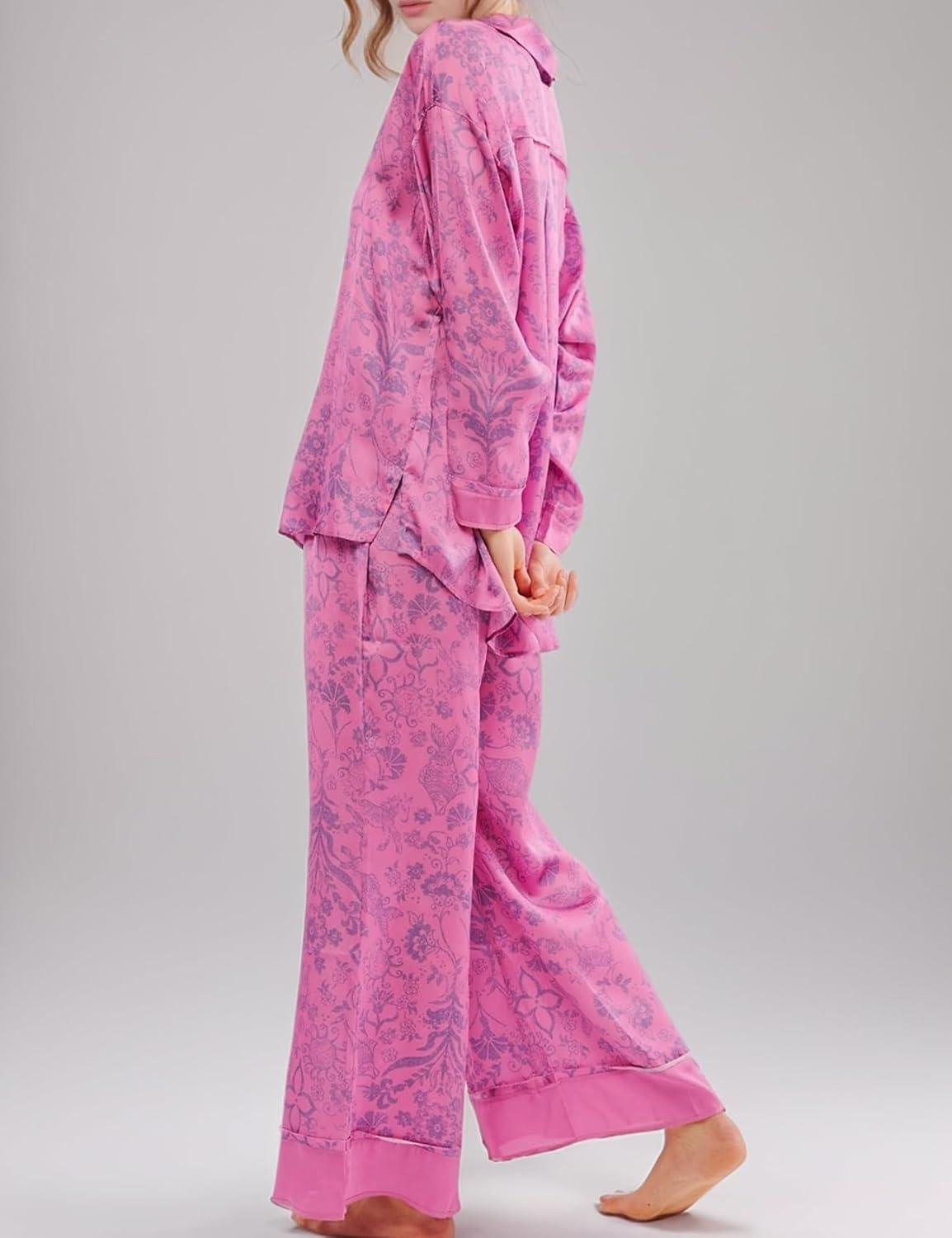 Arssm Satin Pajama Set for Women Silk Pajamas Set 2 Piece Floral Pj Set Long Sleeve Button Down Pjs Sleepwear(Rosered)