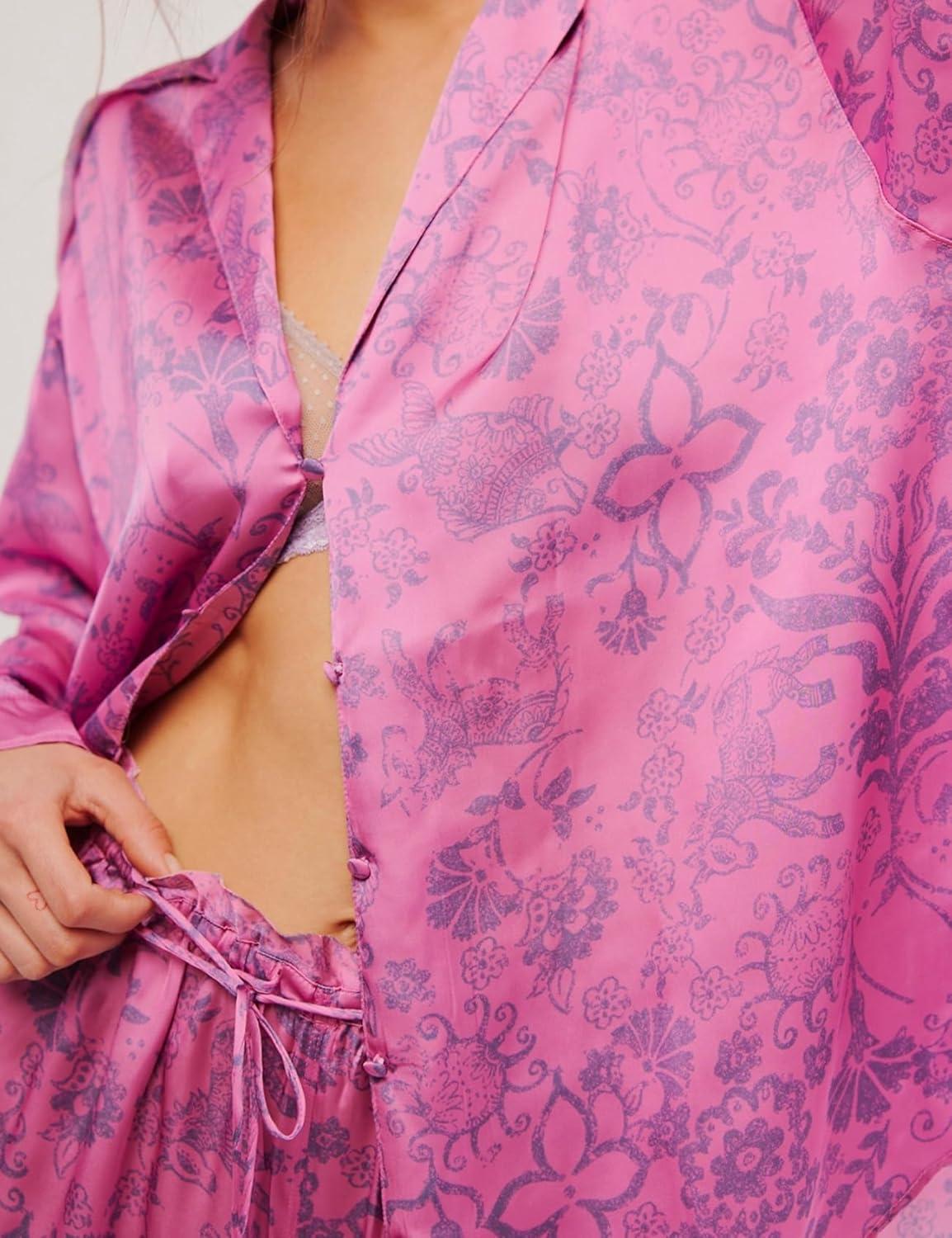 Arssm Satin Pajama Set for Women Silk Pajamas Set 2 Piece Floral Pj Set Long Sleeve Button Down Pjs Sleepwear(Rosered)