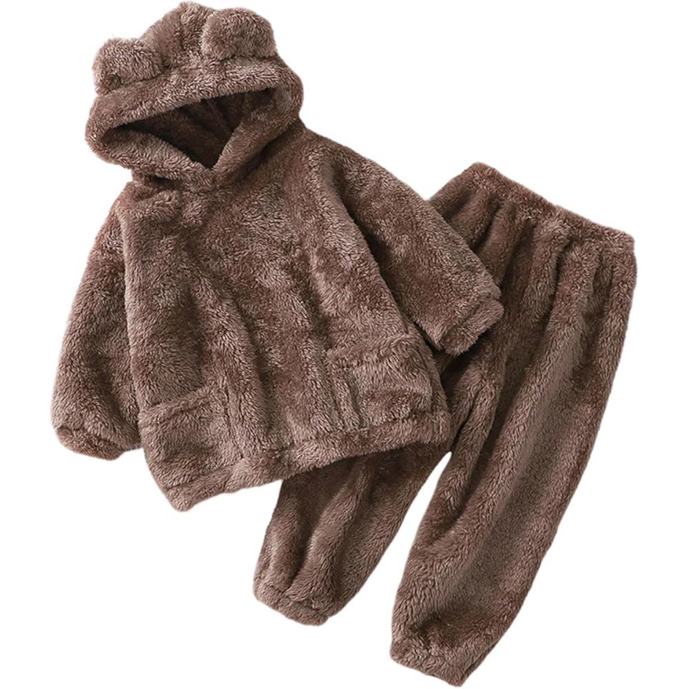 Arssm Girl Pants Sets Two Pieces Outfit Kids Bear Ear Fuzzy Fluffy Hoodie Sweatshirt with Fleece Sweatpants(Brown)