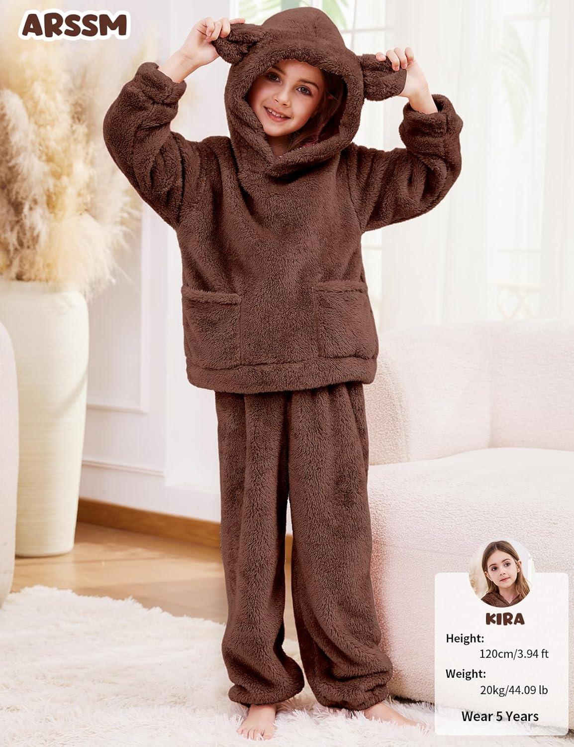 Arssm Girl Pants Sets Two Pieces Outfit Kids Bear Ear Fuzzy Fluffy Hoodie Sweatshirt with Fleece Sweatpants(Brown)