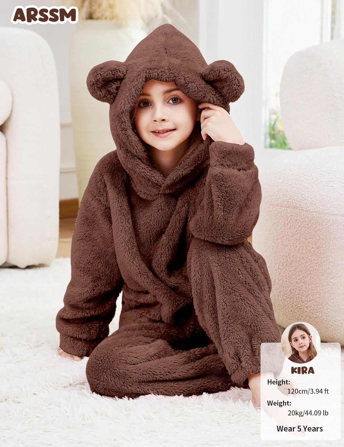 Arssm Girl Pants Sets Two Pieces Outfit Kids Bear Ear Fuzzy Fluffy Hoodie Sweatshirt with Fleece Sweatpants(Brown)