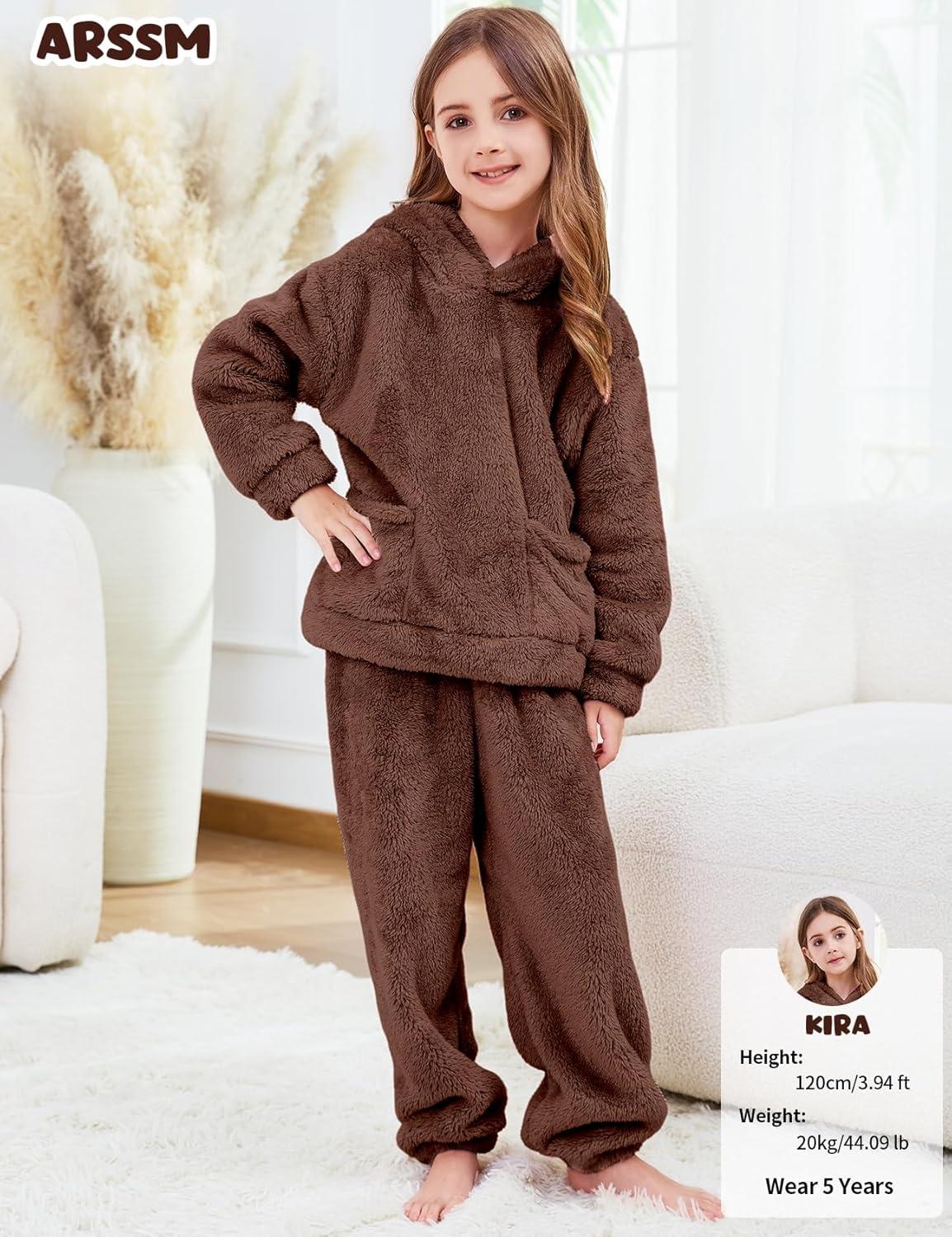 Arssm Girl Pants Sets Two Pieces Outfit Kids Bear Ear Fuzzy Fluffy Hoodie Sweatshirt with Fleece Sweatpants(Brown)
