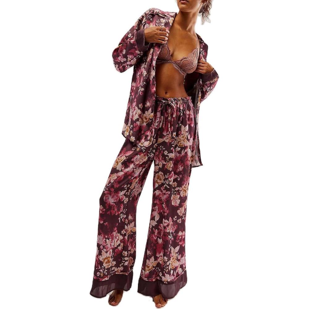 Arssm Satin Pajama Set for Women Silk Pajamas Set 2 Piece Floral Pj Set Long Sleeve Button Down Pjs Sleepwear(Winered)