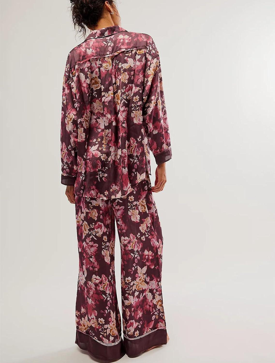 Arssm Satin Pajama Set for Women Silk Pajamas Set 2 Piece Floral Pj Set Long Sleeve Button Down Pjs Sleepwear(Winered)